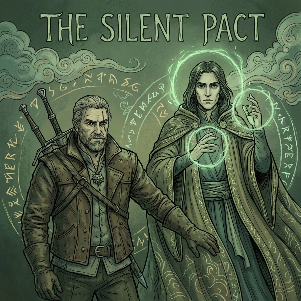 Witcher bodyguard and powerful sorcerer standing together in LGBTQ+ fantasy romance book