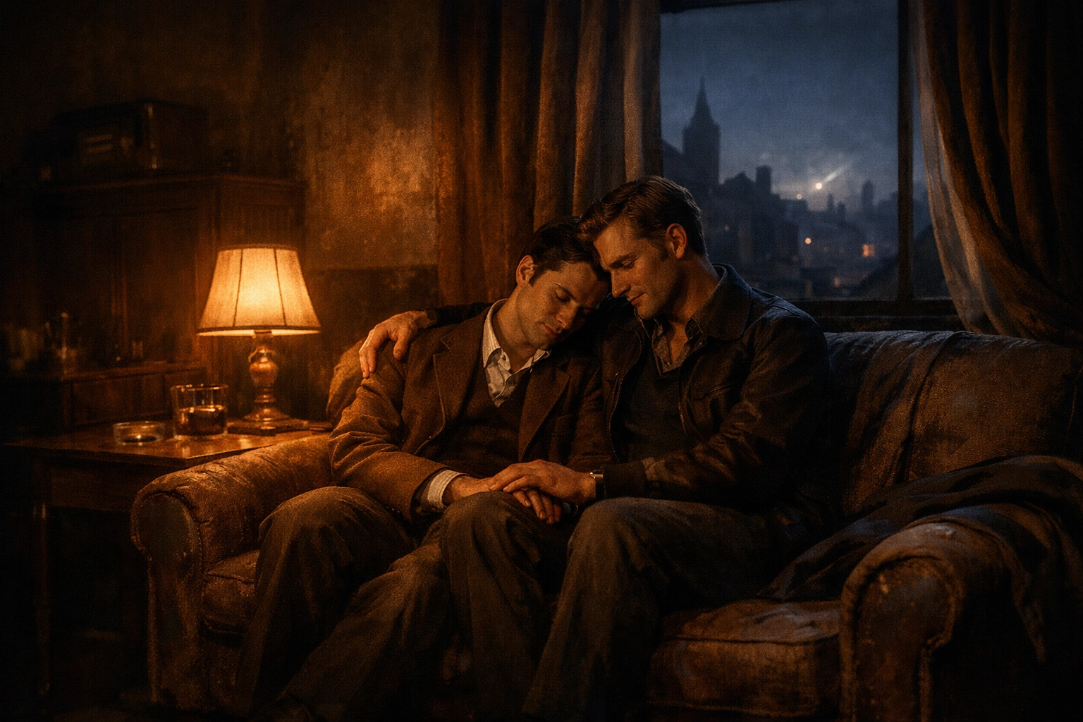 Gay couple finding sanctuary together in 1940s European safe house during WWII resistance work