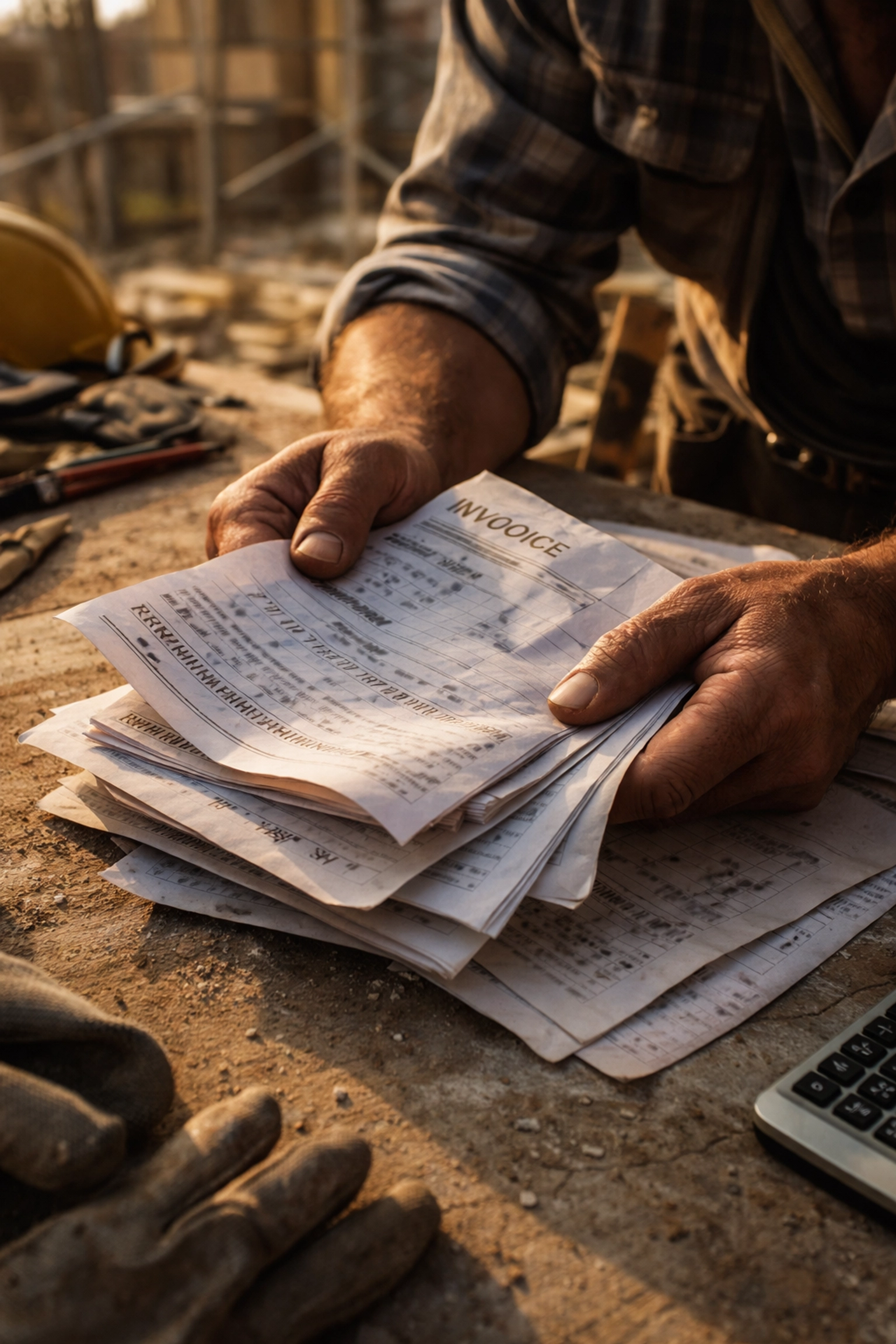 Construction worker's hands sorting through CIS payment slips and tax documents on site
