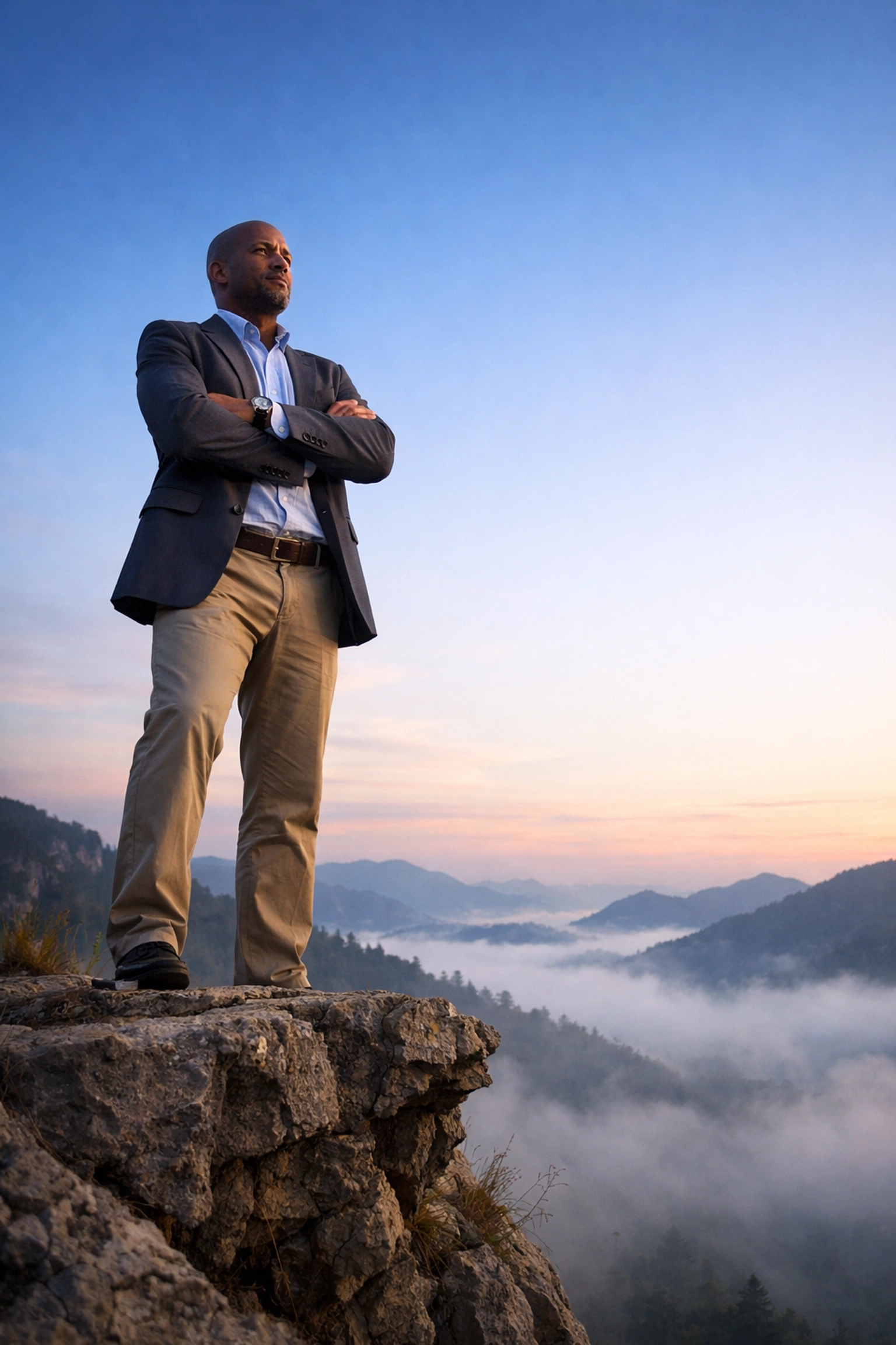 Leader contemplating performance-burnout gap at dawn cliff edge