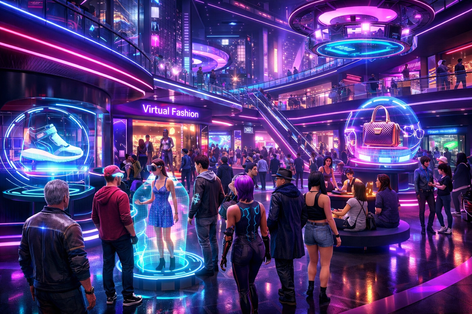Metaverse shopping mall with avatars browsing virtual storefronts and holographic product displays