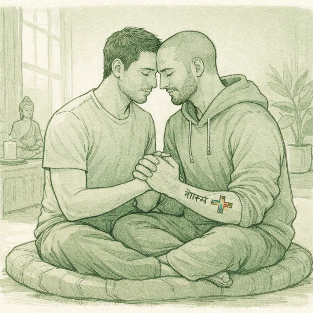 Two men meditating together, displaying spiritual religious tattoos representing faith reconciliation