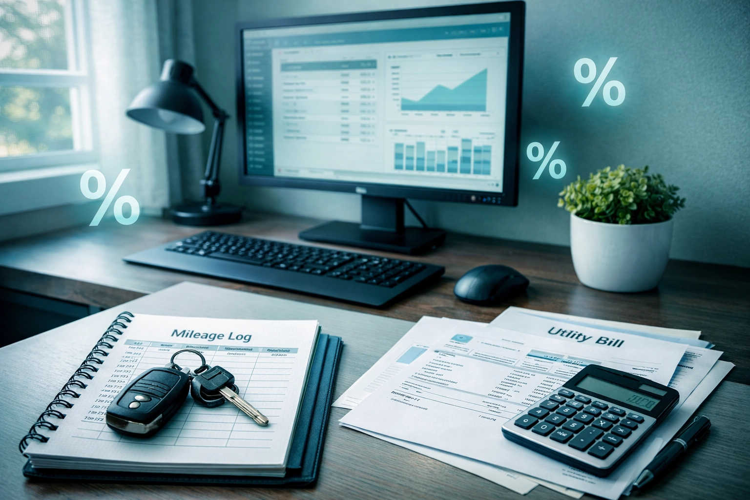 Oficina en casa con deducciones fiscales para pequeños negocios y contabilidad organizada