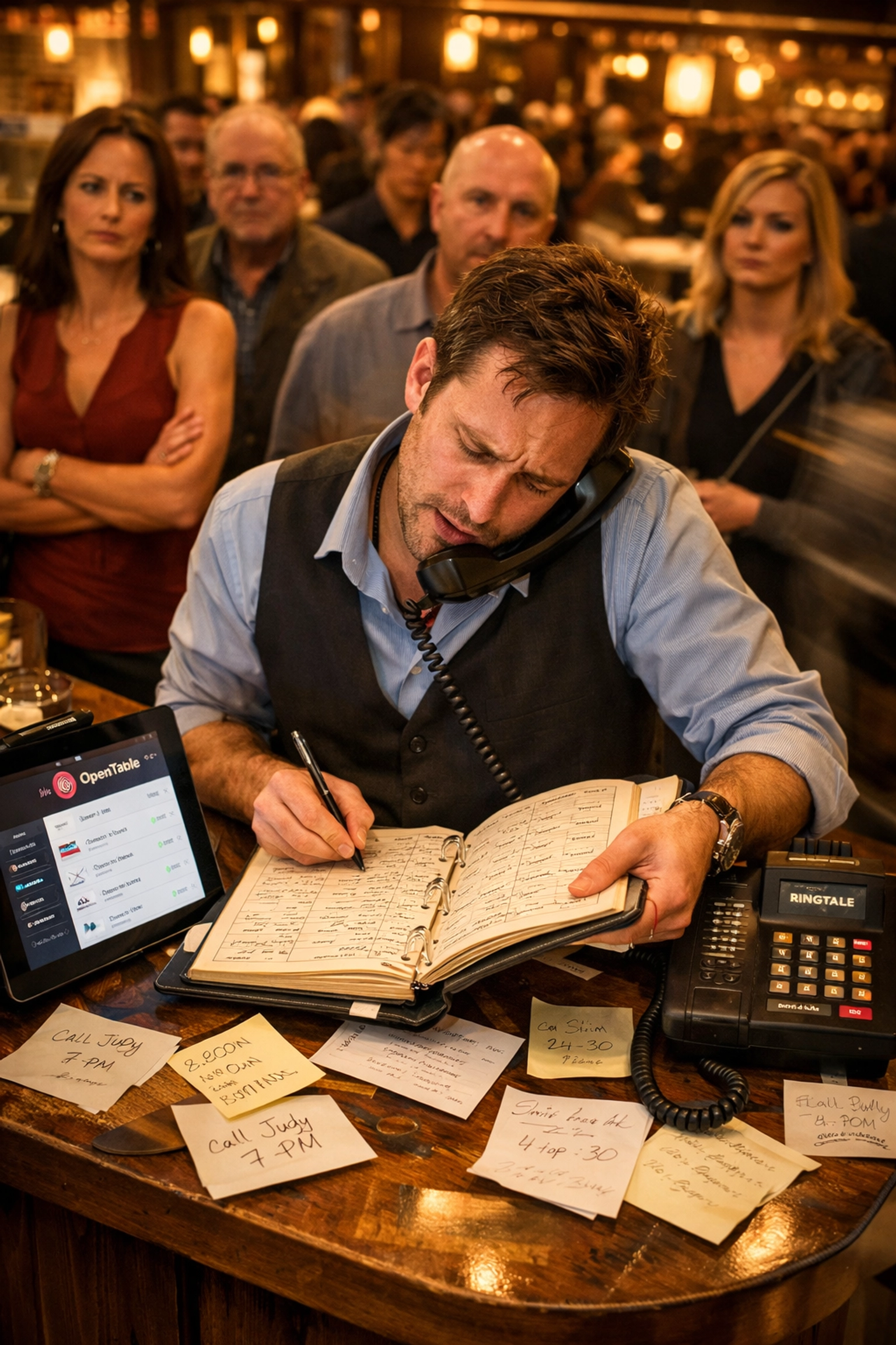 Chaotic restaurant host stand juggling multiple reservation systems during dinner rush