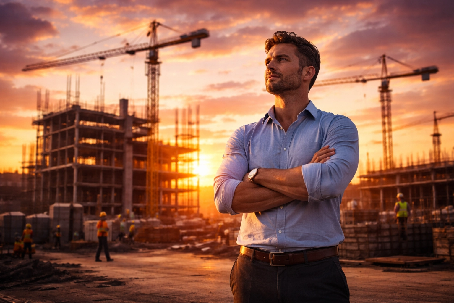 Ambitious business owner planning tax strategies at a construction site during golden hour, reflecting QBI deduction benefits
