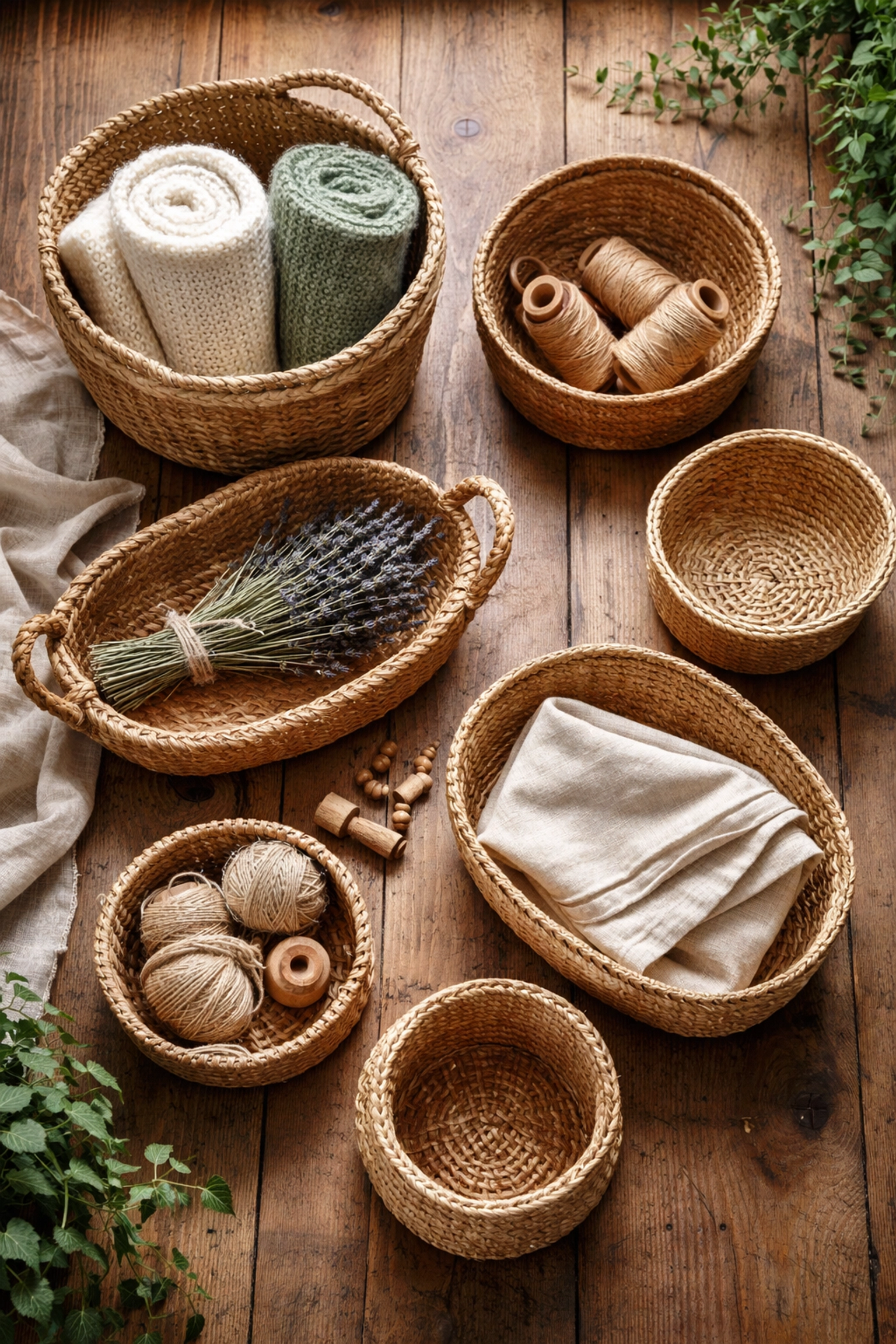 Collection of handwoven baskets on a farmhouse table, adding natural warmth and rustic charm to home decor