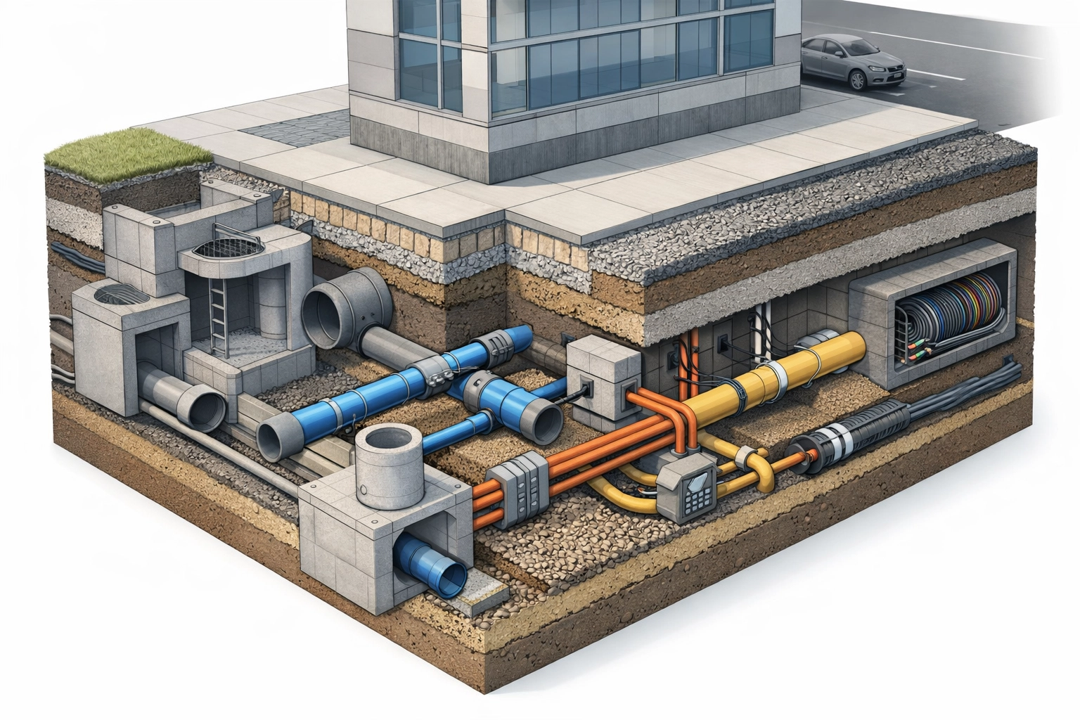Underground utility infrastructure including water, sewer, electrical, and gas lines for development