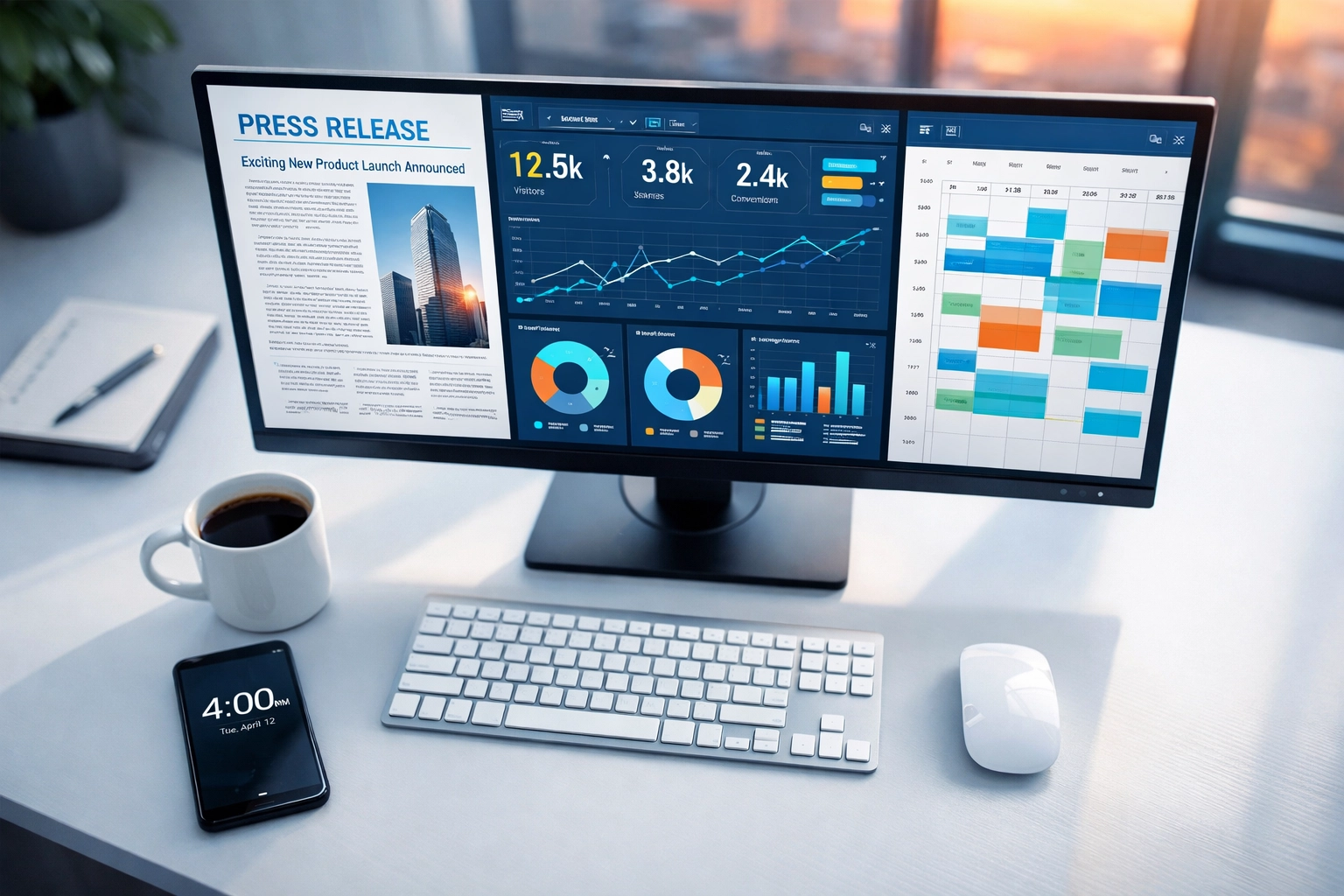 Automated press release system displaying synchronized scheduling and analytics dashboards at 4PM