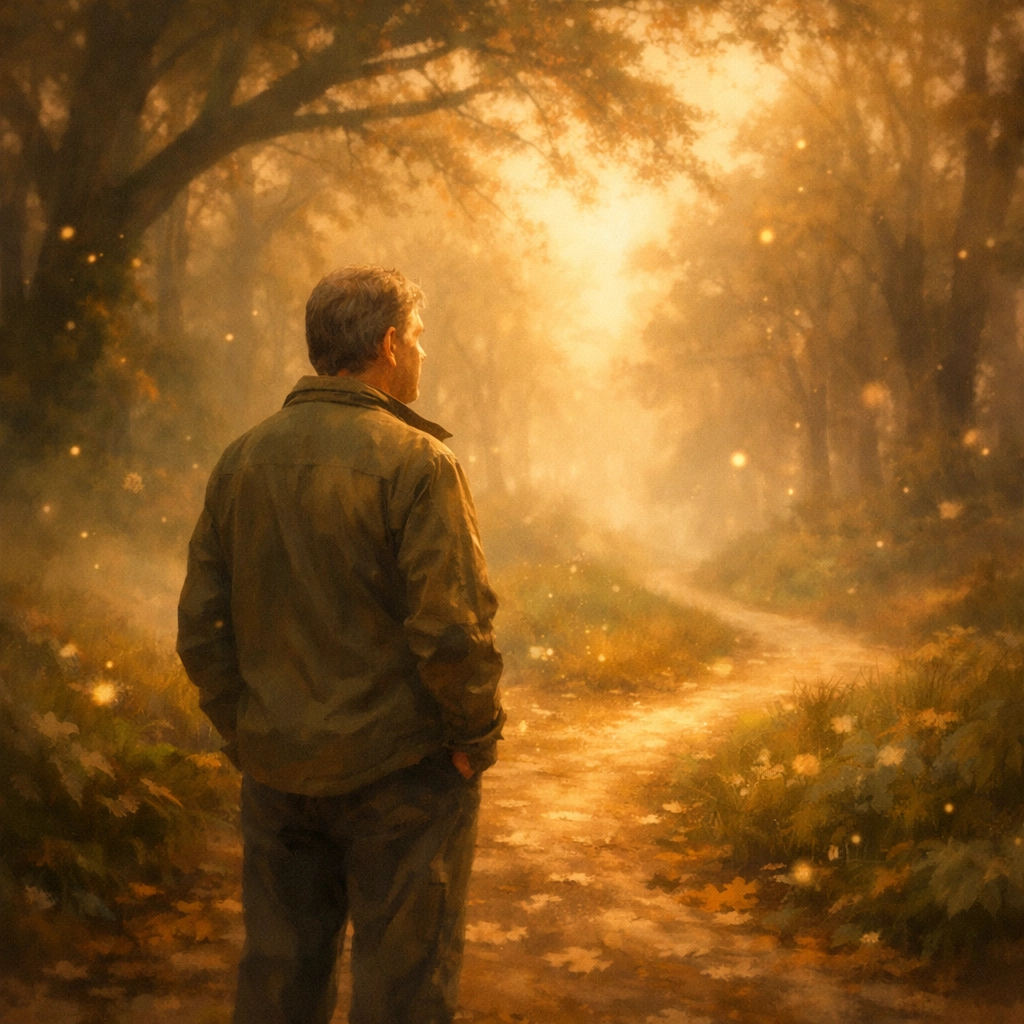 Man at forest crossroads contemplating midlife choices between crisis and spiritual awakening