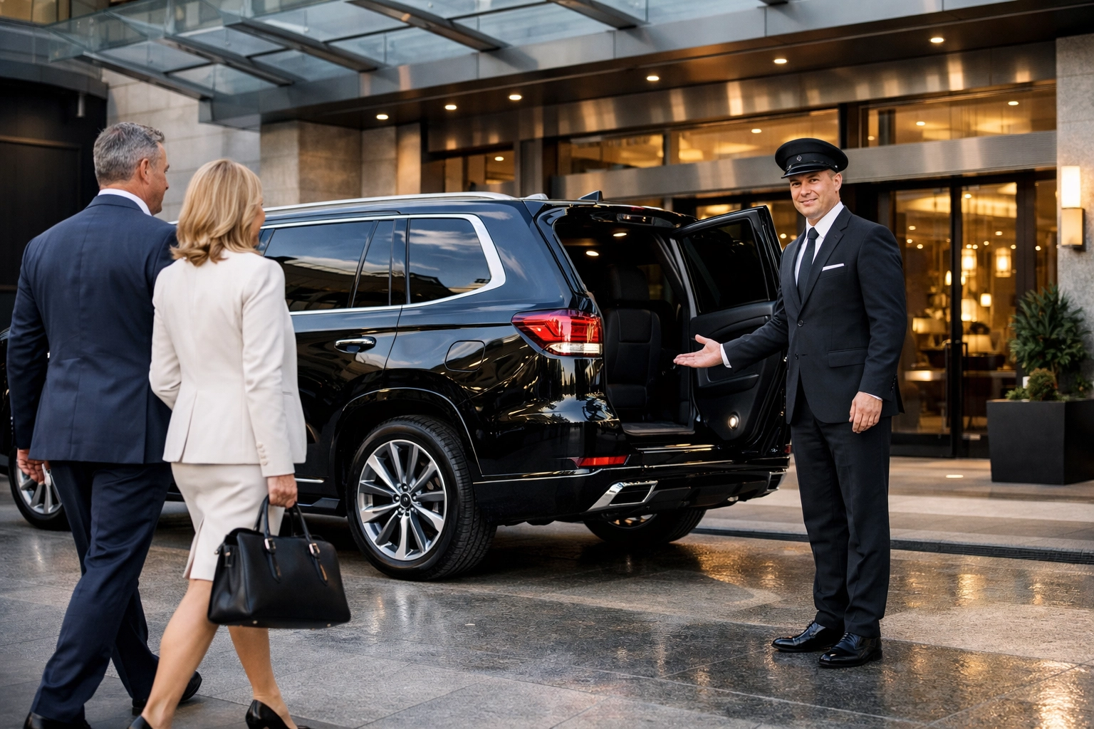 Chauffeur greeting executives by a luxury SUV for Super Bowl VIP transportation services.