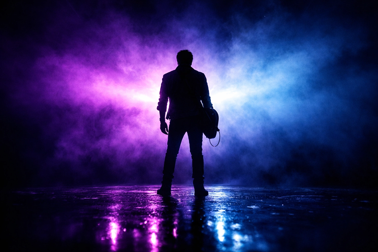 A silhouette of a solo artist performing on a hazy stage with neon blue and violet lighting.