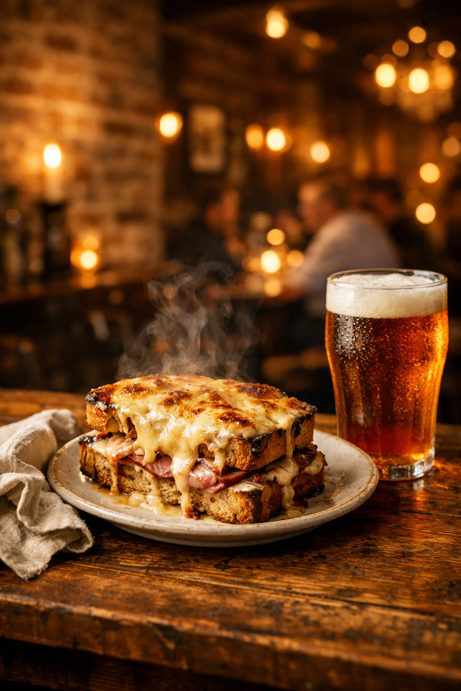 A delicious gourmet sandwich and craft beer served at a cozy Montreal bistro restaurant.