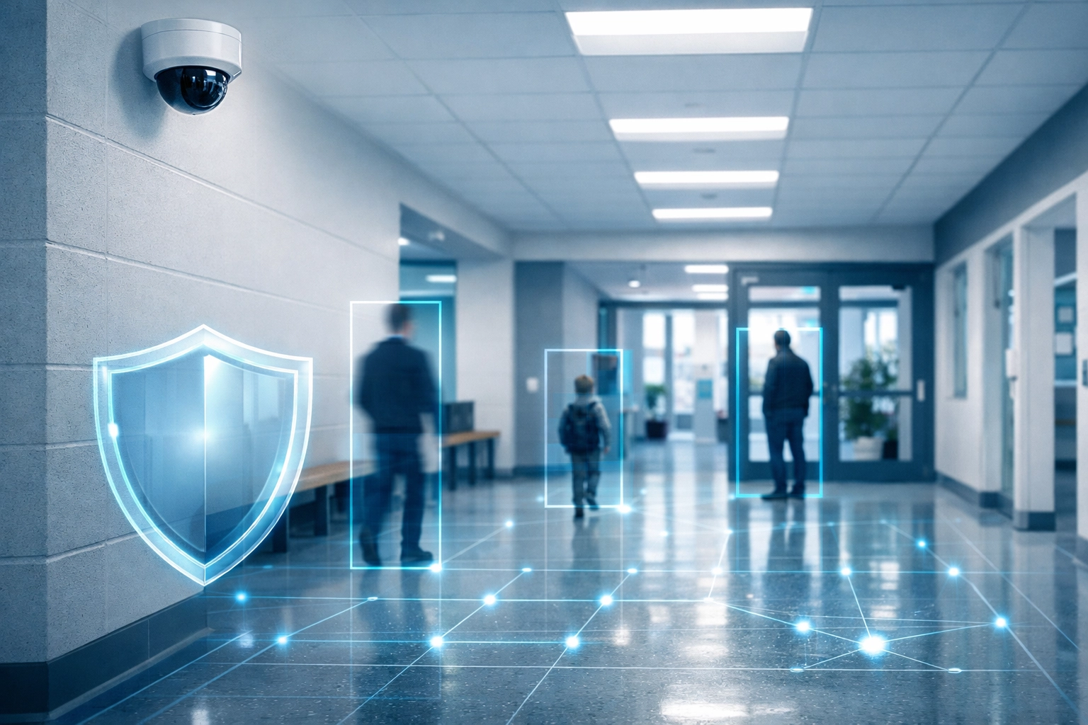 AI security camera with behavioral detection overlays monitoring a school hallway for enhanced public safety.
