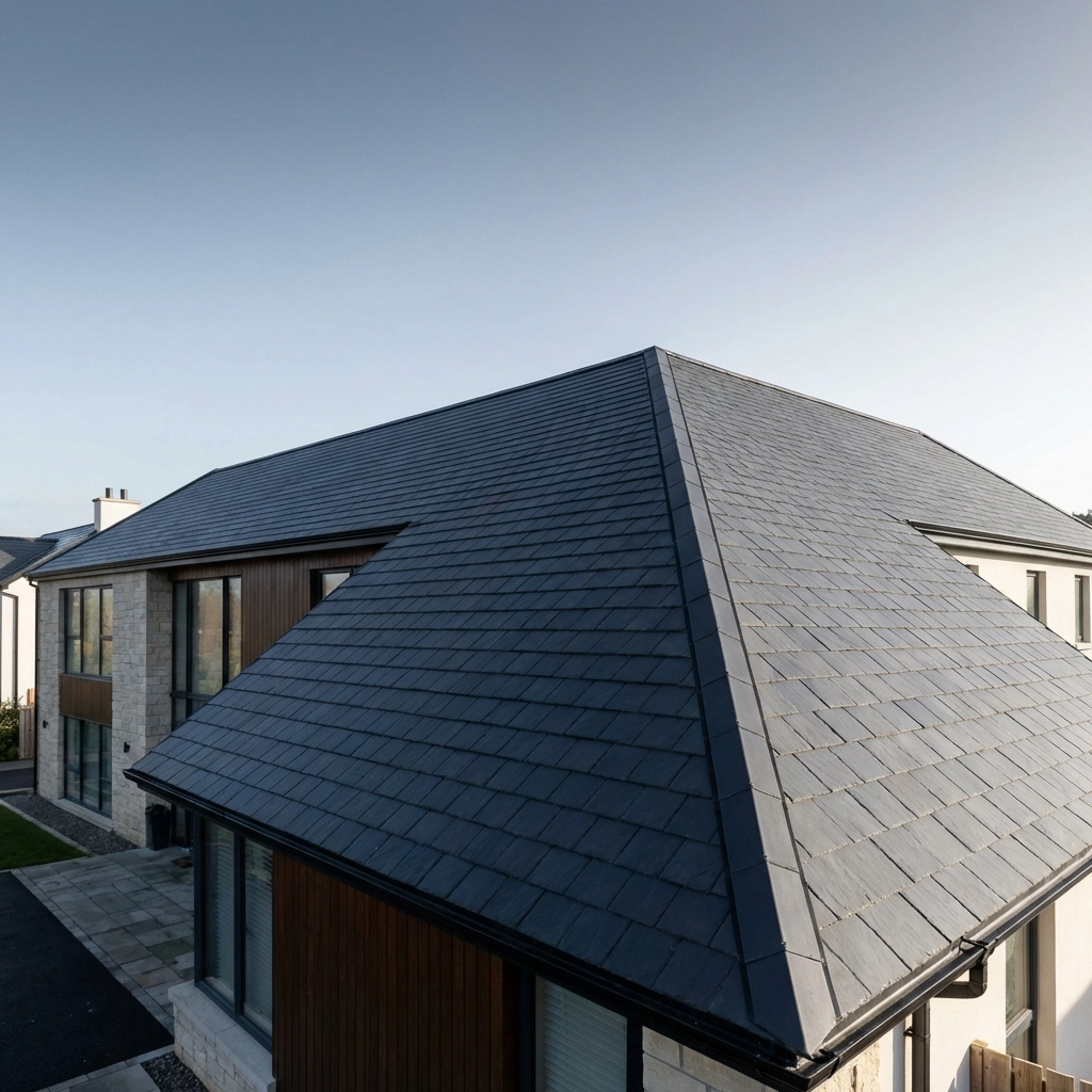Modern Belfast home featuring a professionally installed charcoal slate roof with a durable dry ridge system.