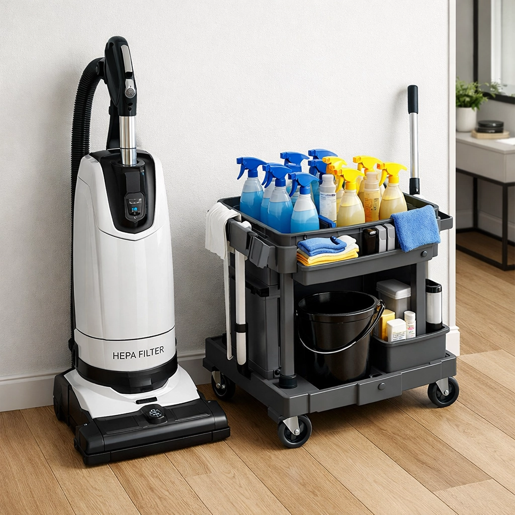 Professional deep cleaning equipment including a HEPA vacuum and supplies for high-end Westford home cleaning.