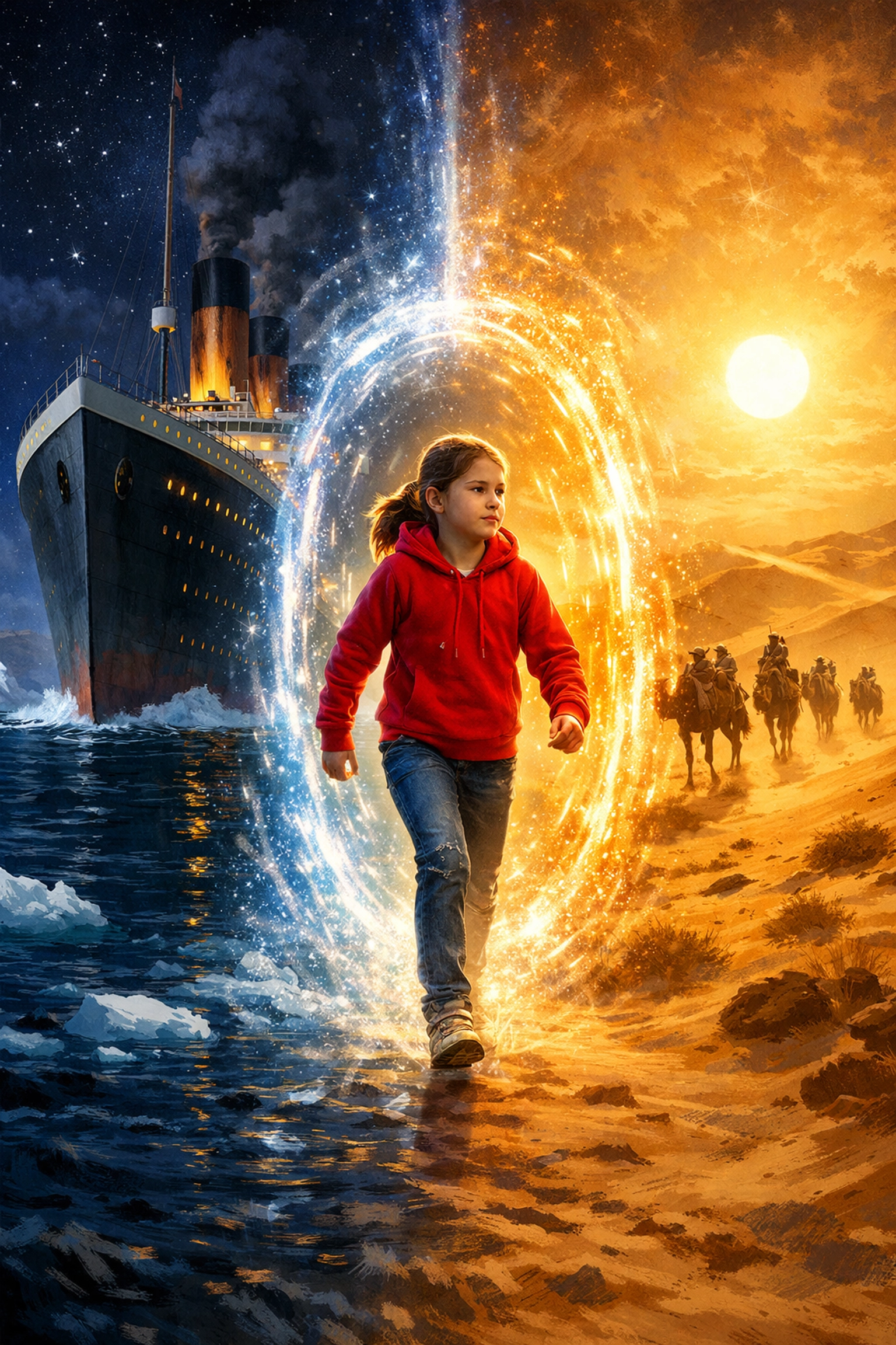 A girl steps through a magical portal between the Titanic and a desert in engaging stories for kids.