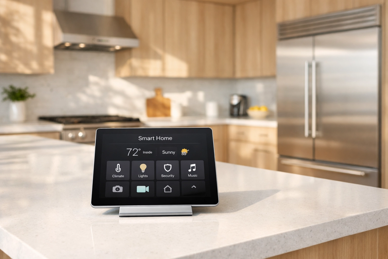 A sleek smart home control tablet sitting on a modern Phoenix kitchen island with white quartz countertops.