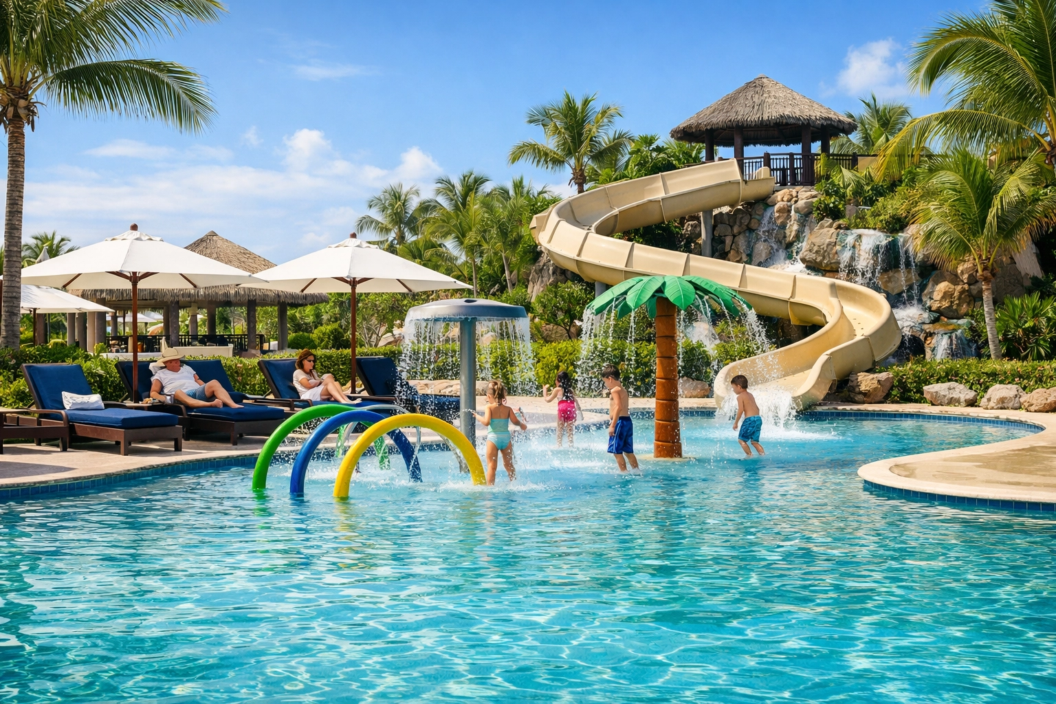 Tropical Caribbean family resort pool area featuring a waterpark and splash pad for children.