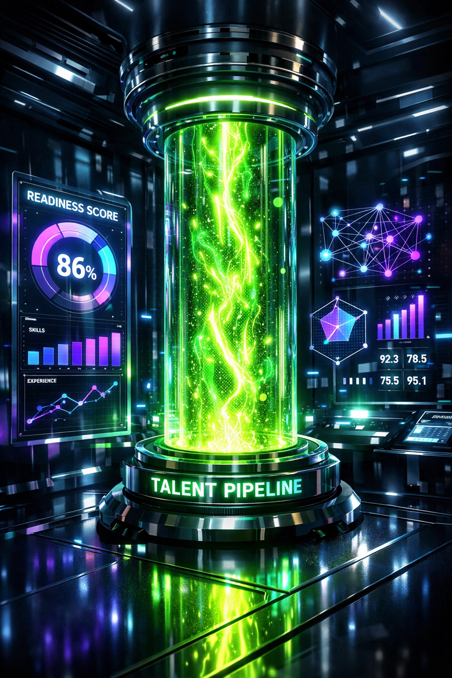 Futuristic talent pipeline showing Readiness Score metrics and ROI through intelligent automation solutions.
