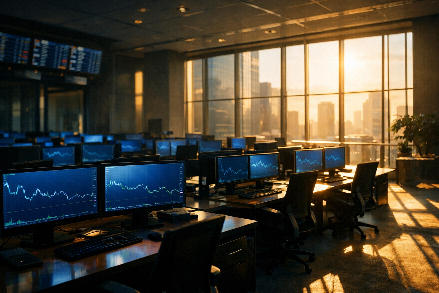 Quiet stock market trading floor during the midday lunch hour market shift.