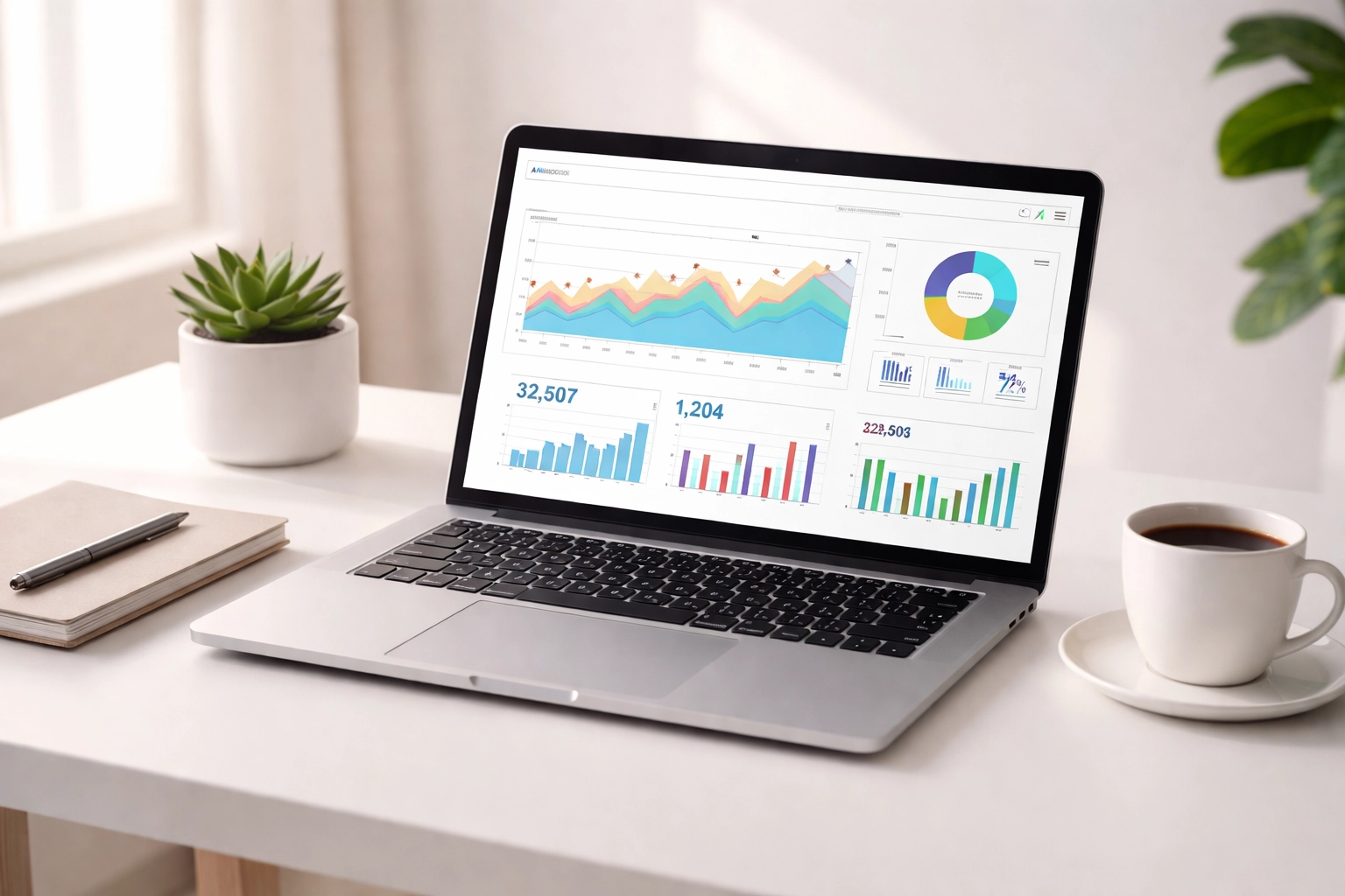 Modern laptop on minimalist desk displaying SEO analytics charts, representing a solid SEO foundation for better rankings