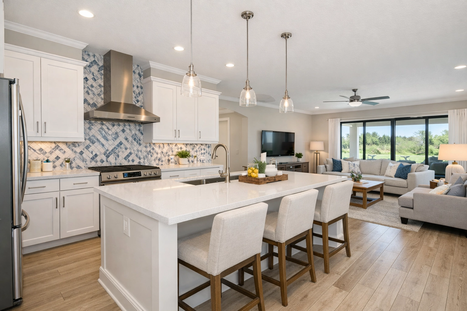 Open-concept kitchen and living room remodel in Orlando with tile and fresh paint