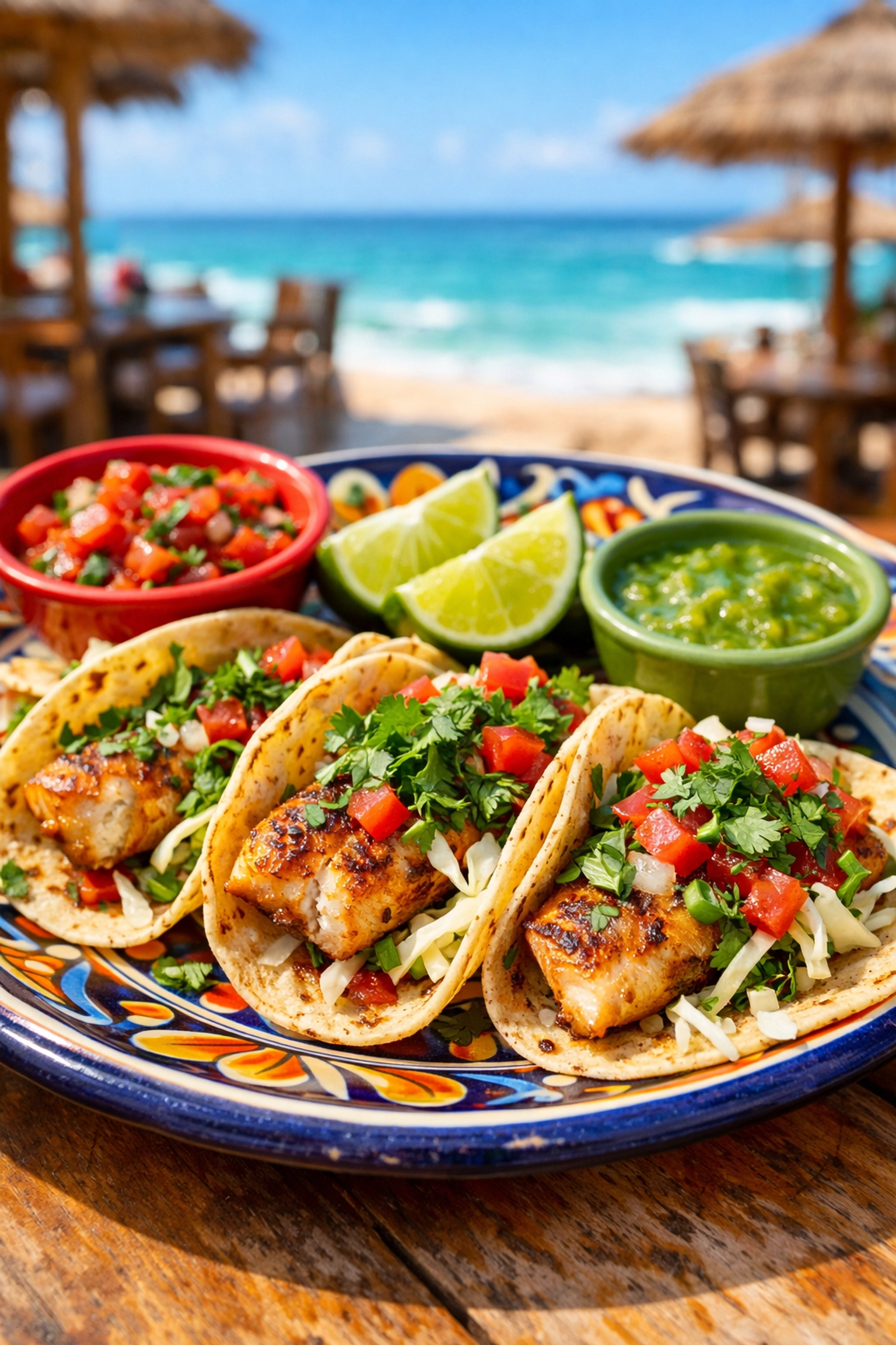 Fresh fish tacos at beachside restaurant in Puerto Vallarta Mexico