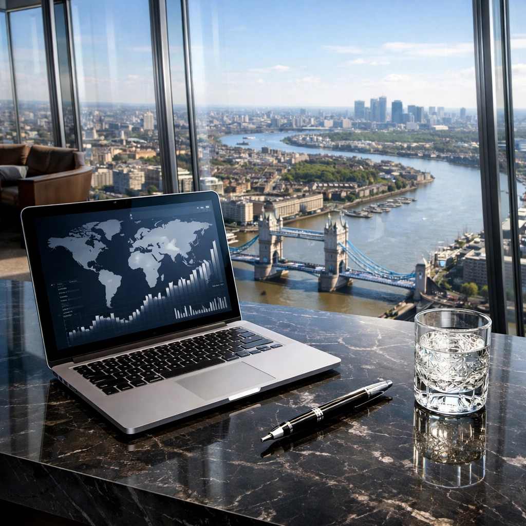 A London business hub with a view of Tower Bridge, ideal for managing global meeting schedules.