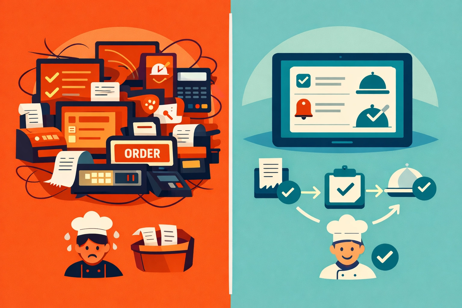 Side-by-side comparison of cluttered restaurant tech versus clean integrated technology system