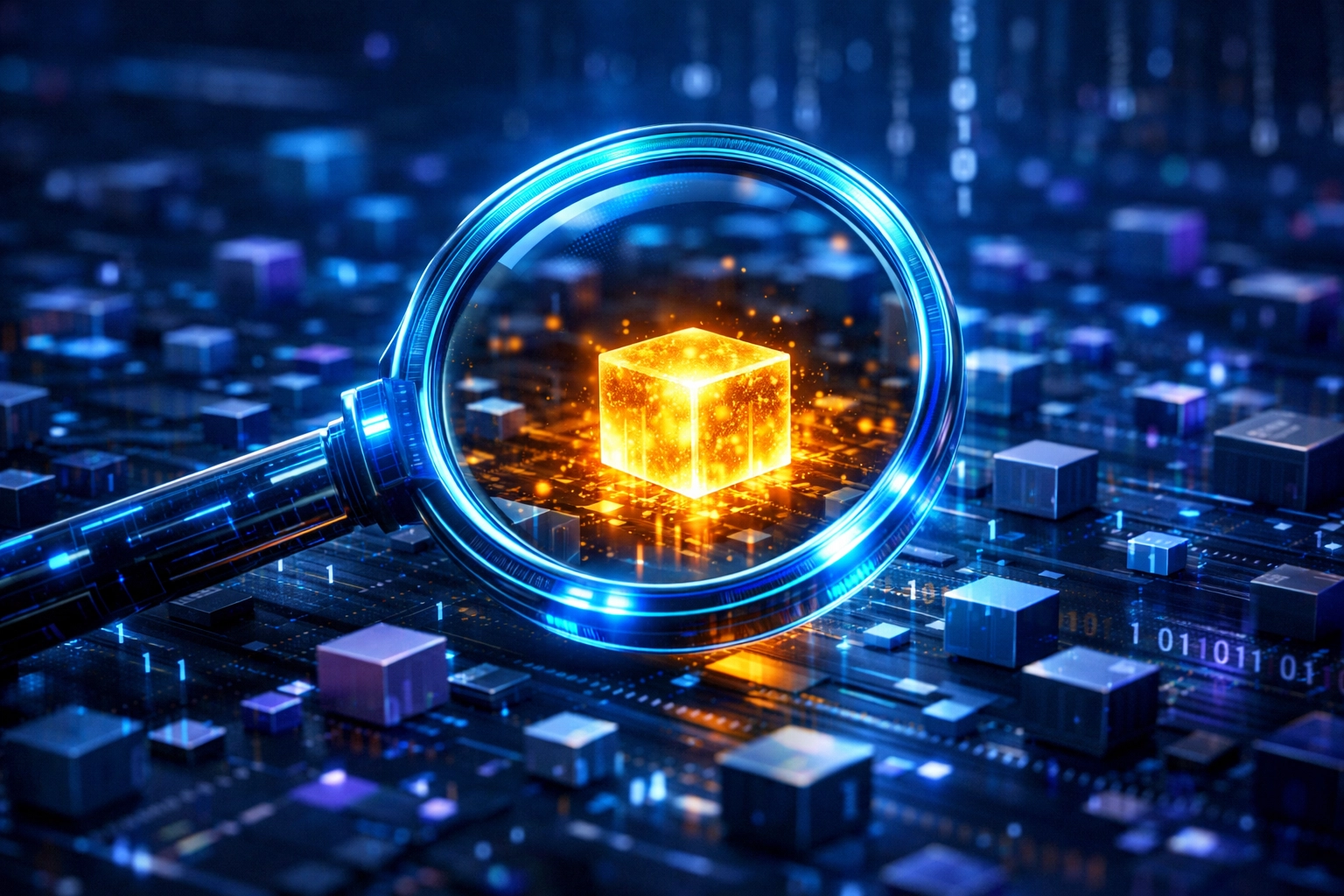 A magnifying glass highlighting a golden block representing a high-value search keyword for social media growth.