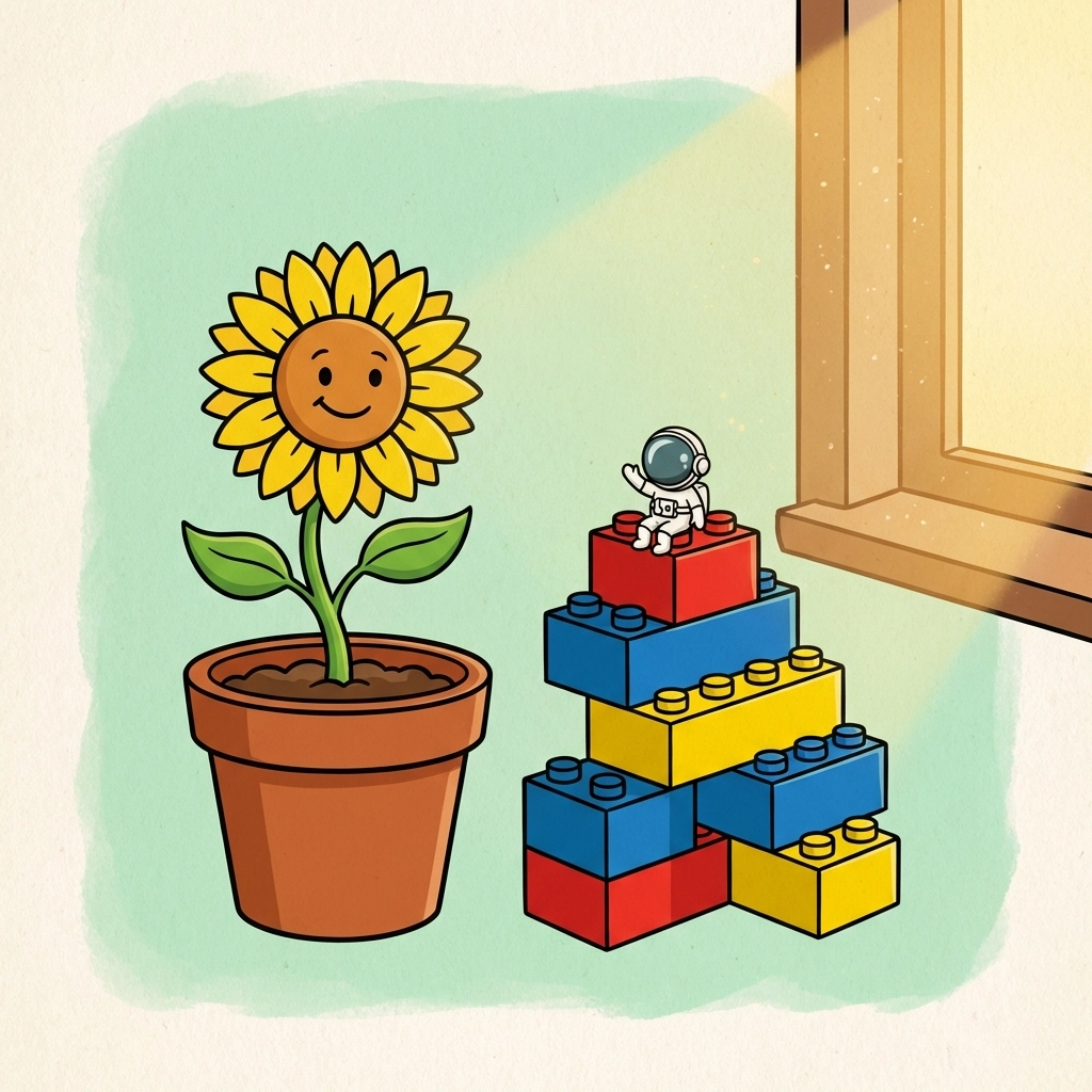 Sunflower seedling grows next to colorful building bricks, helping kids track plant growth visually