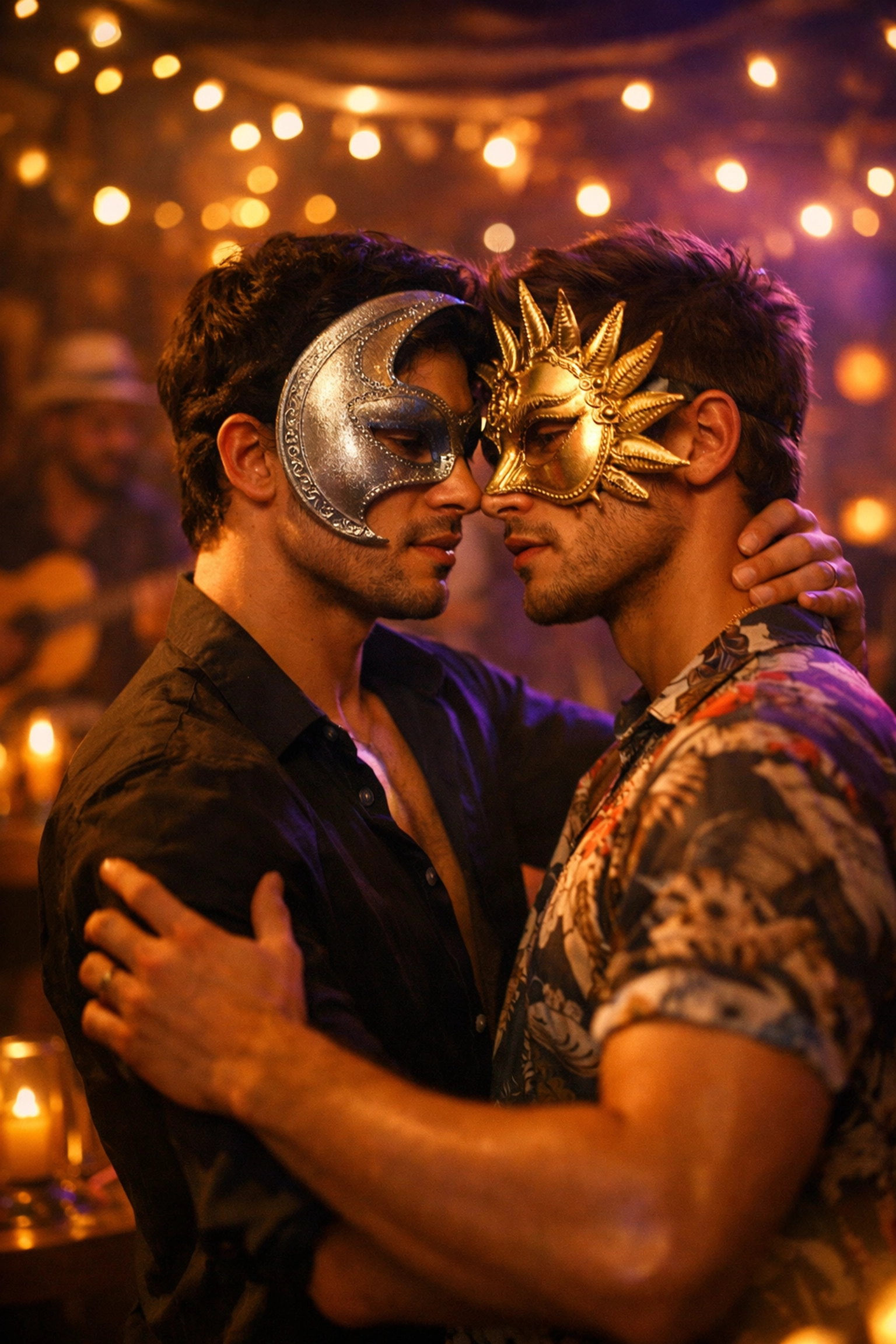 Two men in Carnival masks share an intimate dance at Rio bar - MM enemies to lovers romance