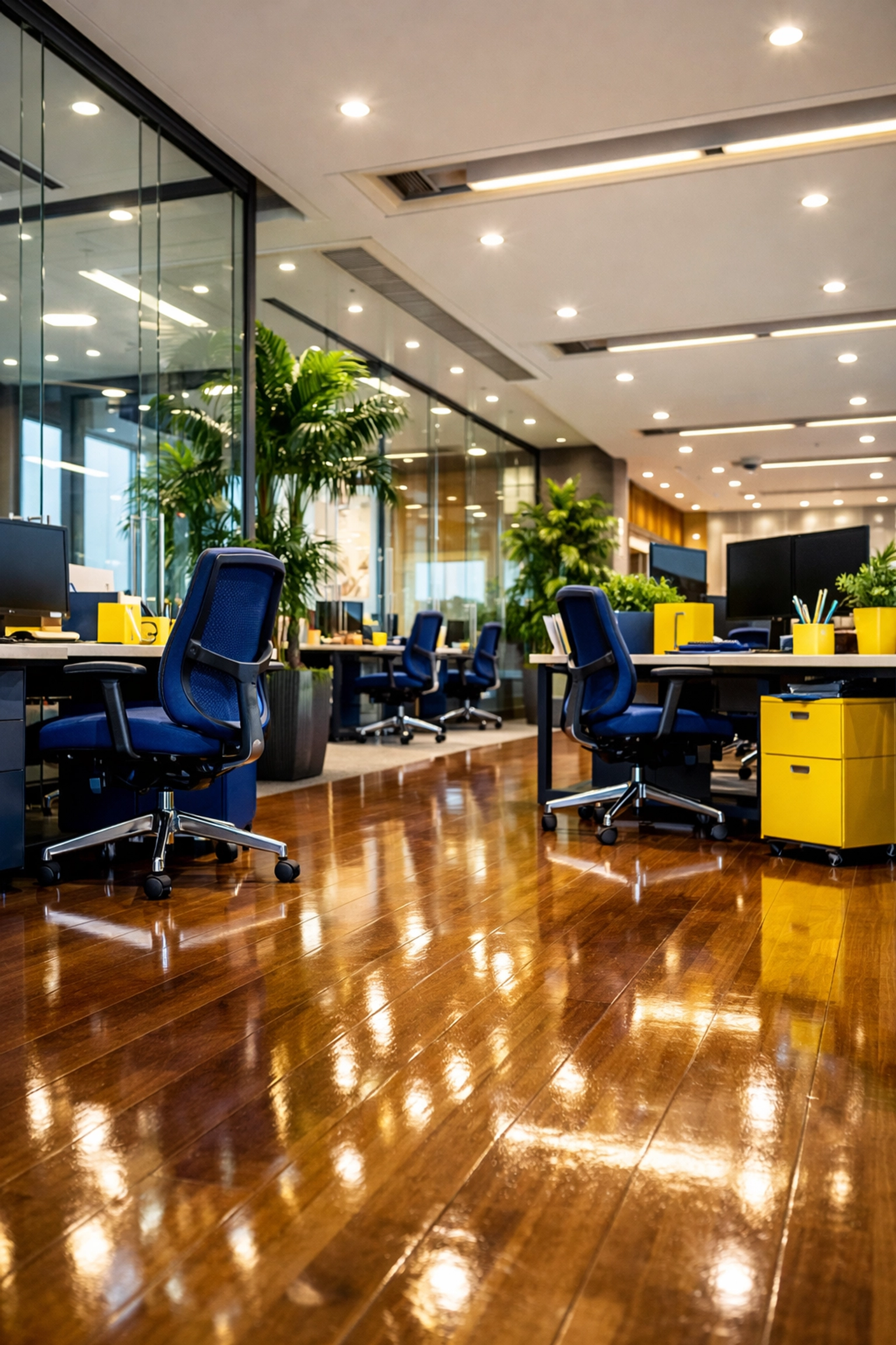 Spotless corporate office in Randolph MA with polished hardwood floors and dust-free professional workstations.