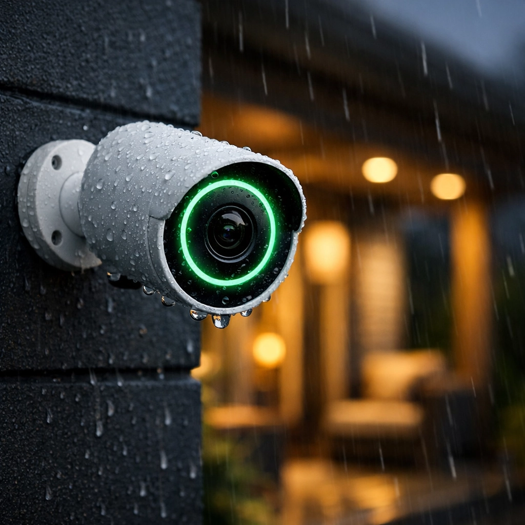 Weather-resistant outdoor security camera with AI detection mounted on a house wall at dusk.