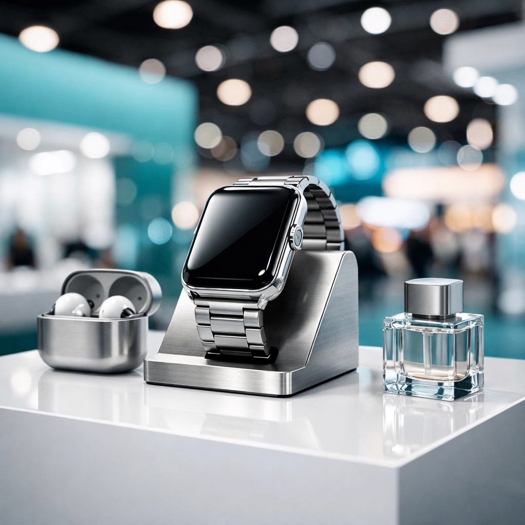 Commercial product photography of a modern trade show exhibit at the Miami Beach Convention Center.