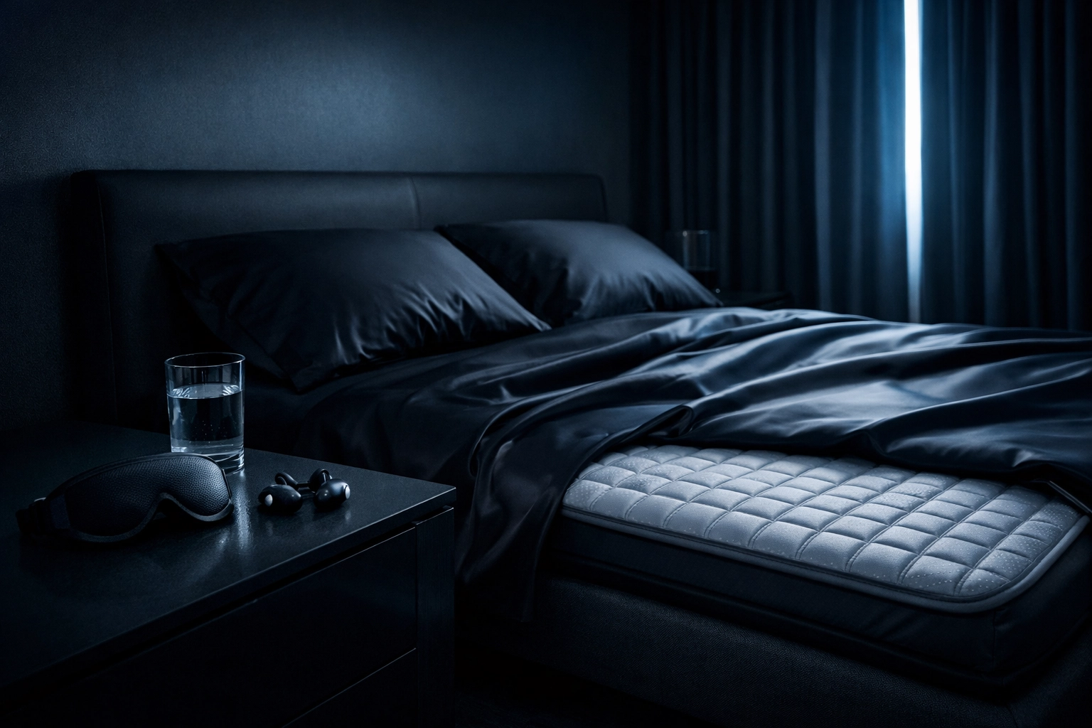 A dark bedroom for shift workers featuring blackout curtains and a sleep mask for daytime rest.