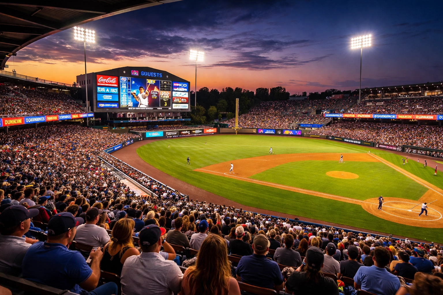 Minor league baseball stadium with LED ribbon boards and digital ad displays showcasing Dakdan sports advertising innovation