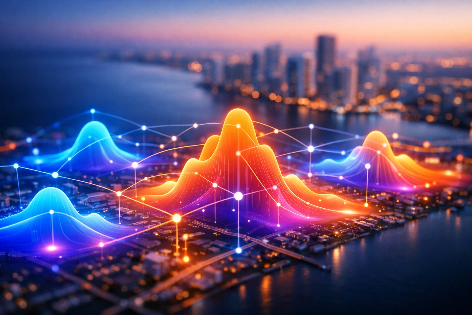 AI heatmap visualization showing local search connectivity across Miami and Hollywood urban landscapes.