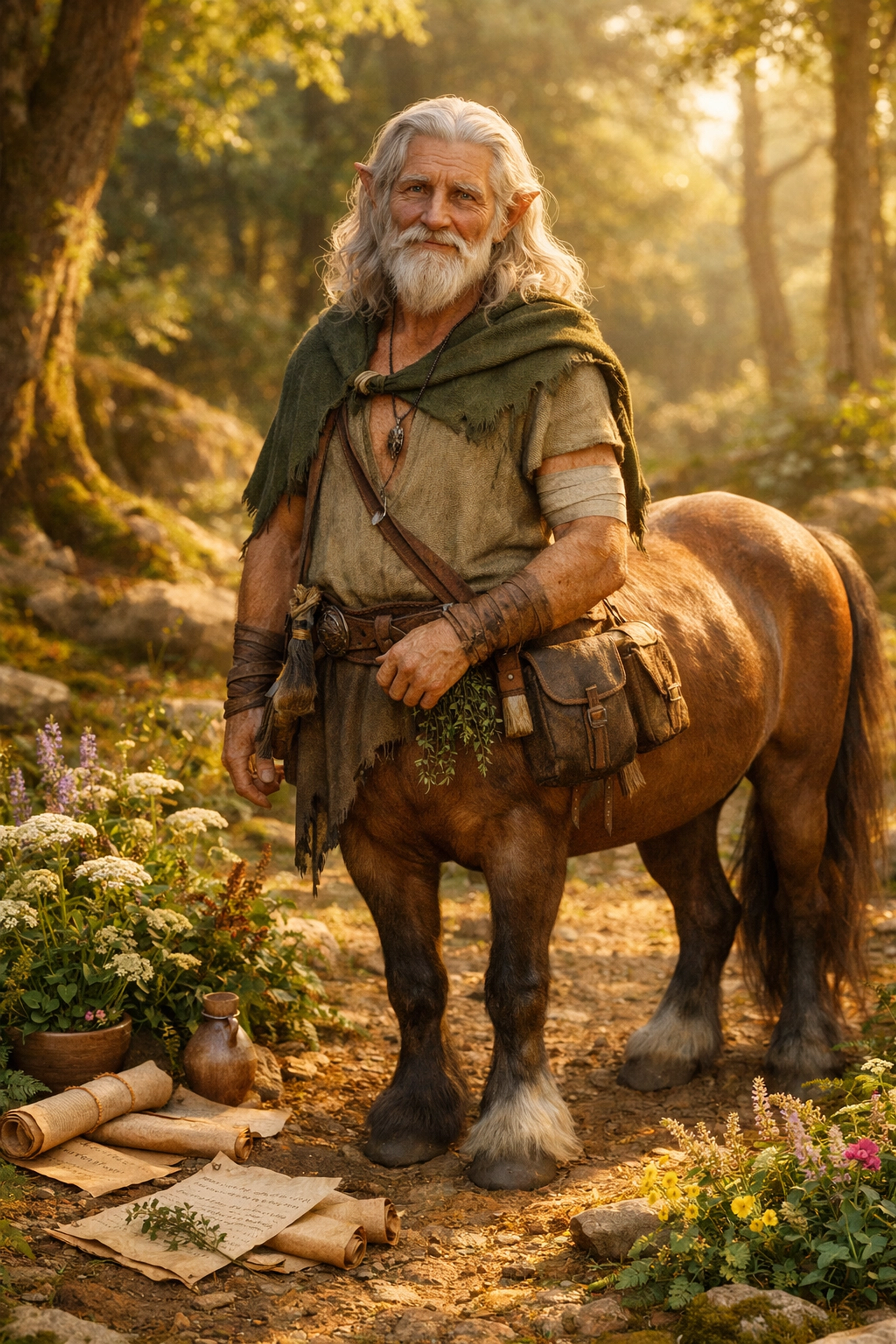 Wise centaur Chiron in a sun-drenched forest representing the Wounded Healer archetype.