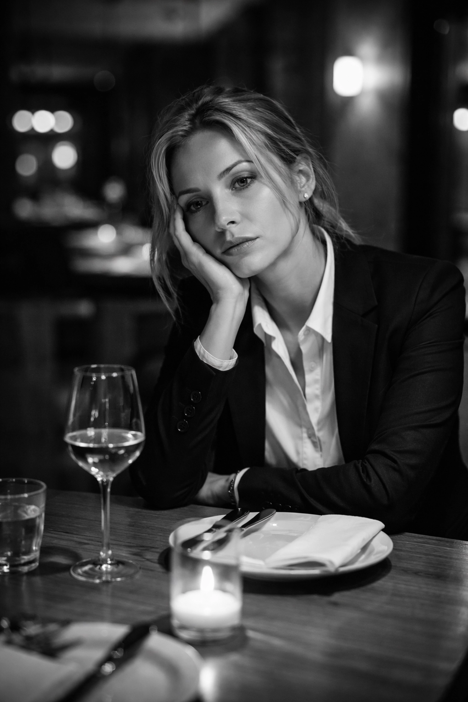 Exhausted businesswoman sitting alone at a restaurant table, highlighting burnout's impact on dating and emotional connection
