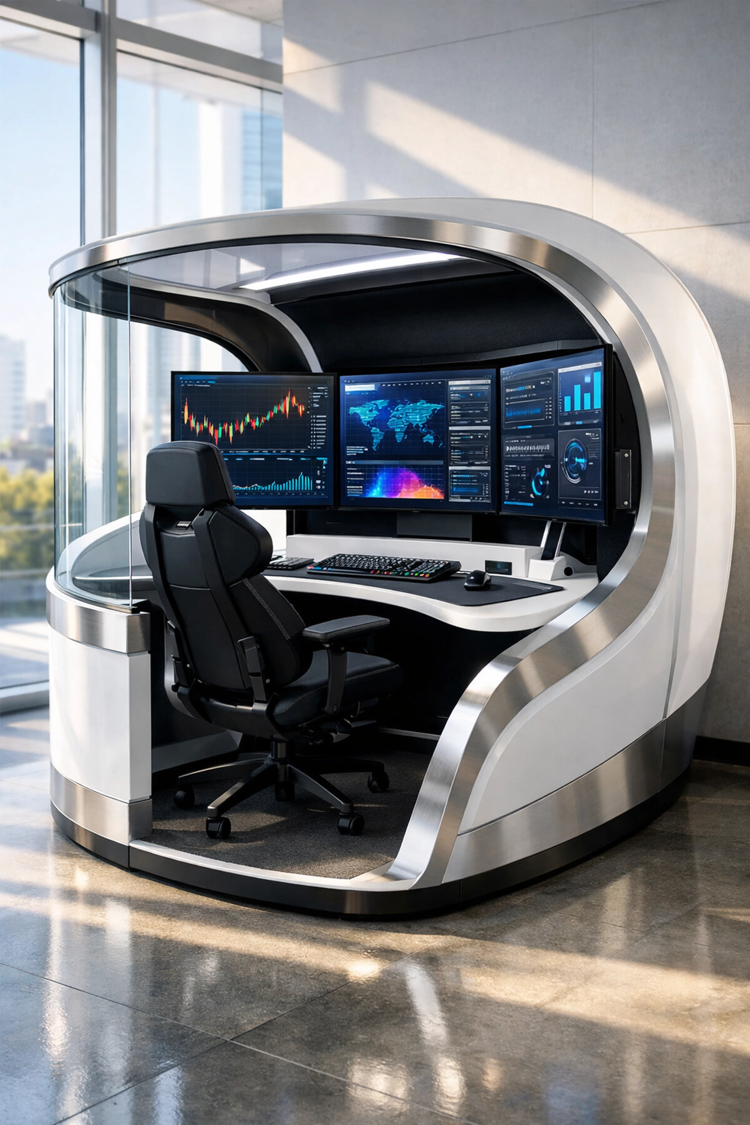 Sleek high-tech workspace pod in a modern office with multi-monitor setup for professional infrastructure.
