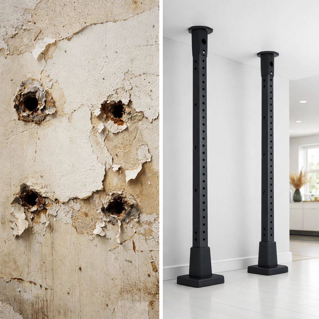 Comparison of wall damage from traditional racks versus a clean no wall damage workout system.