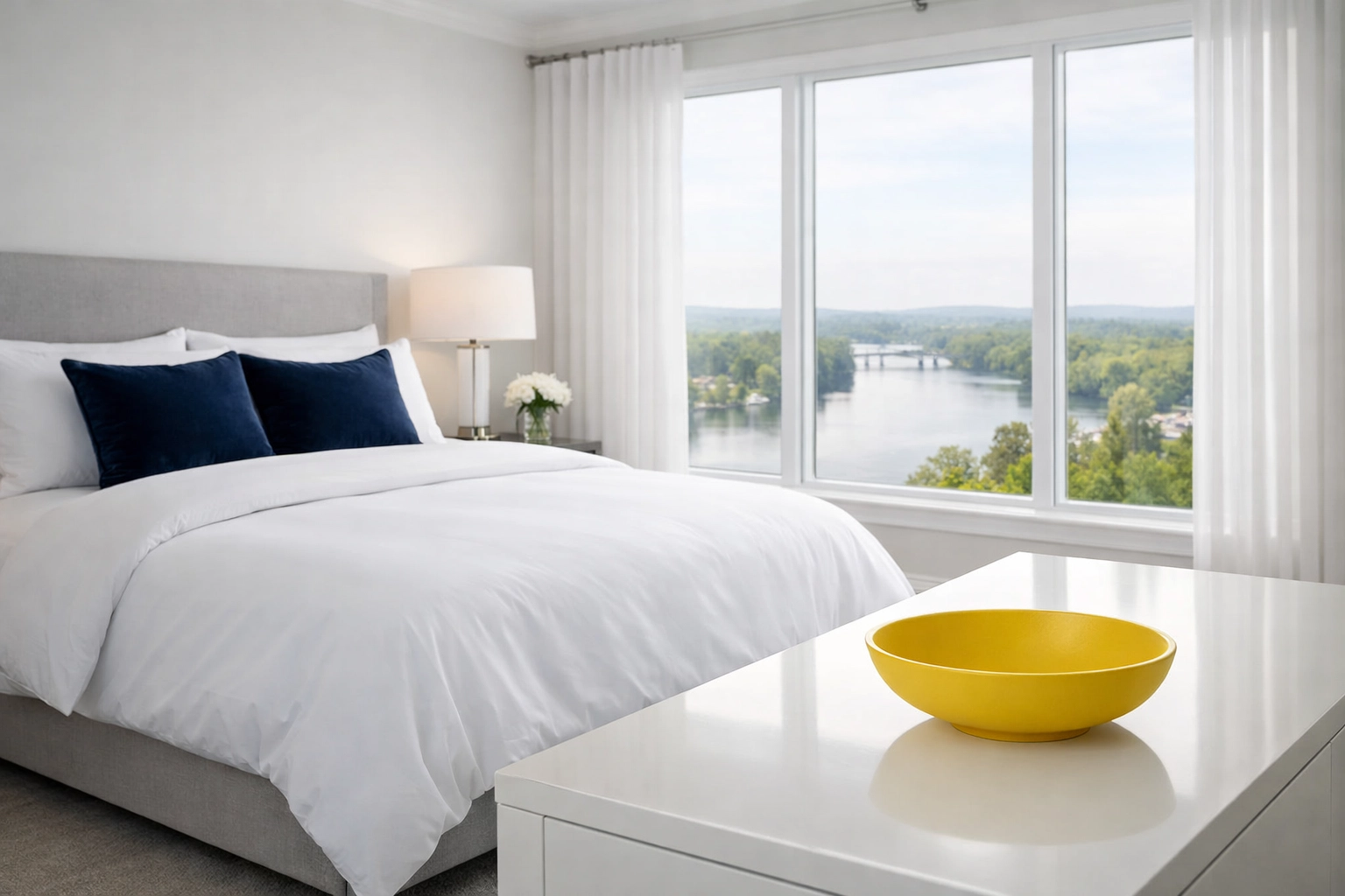 Spotless luxury bedroom suite in Lowell after professional maid services and deep cleaning.