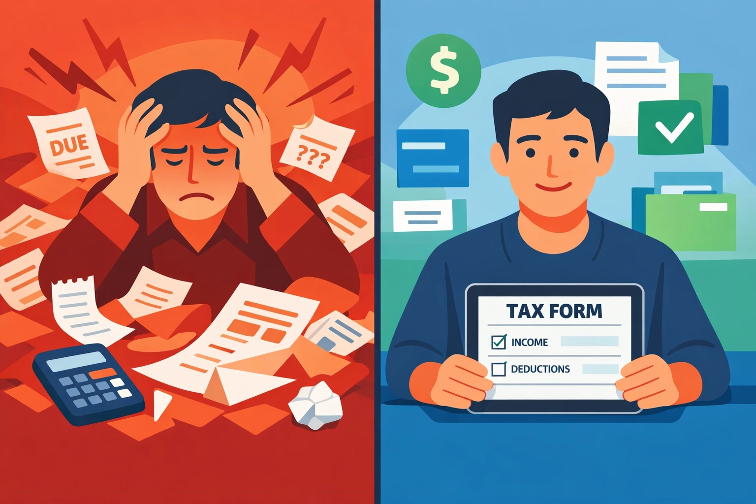 Tax planning baseline comparison showing organized digital approach vs chaotic paper filing