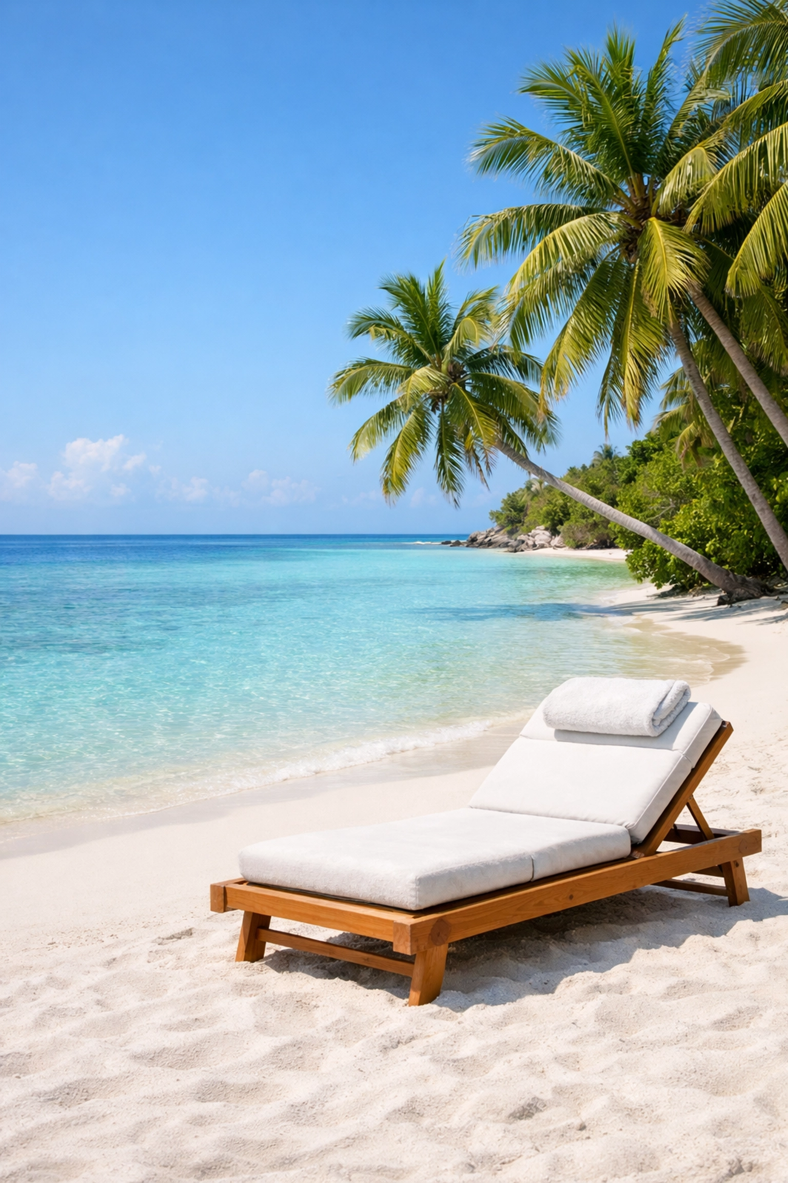 A peaceful tropical beach with white sand and palm trees, ideal for restorative single mom cruises.