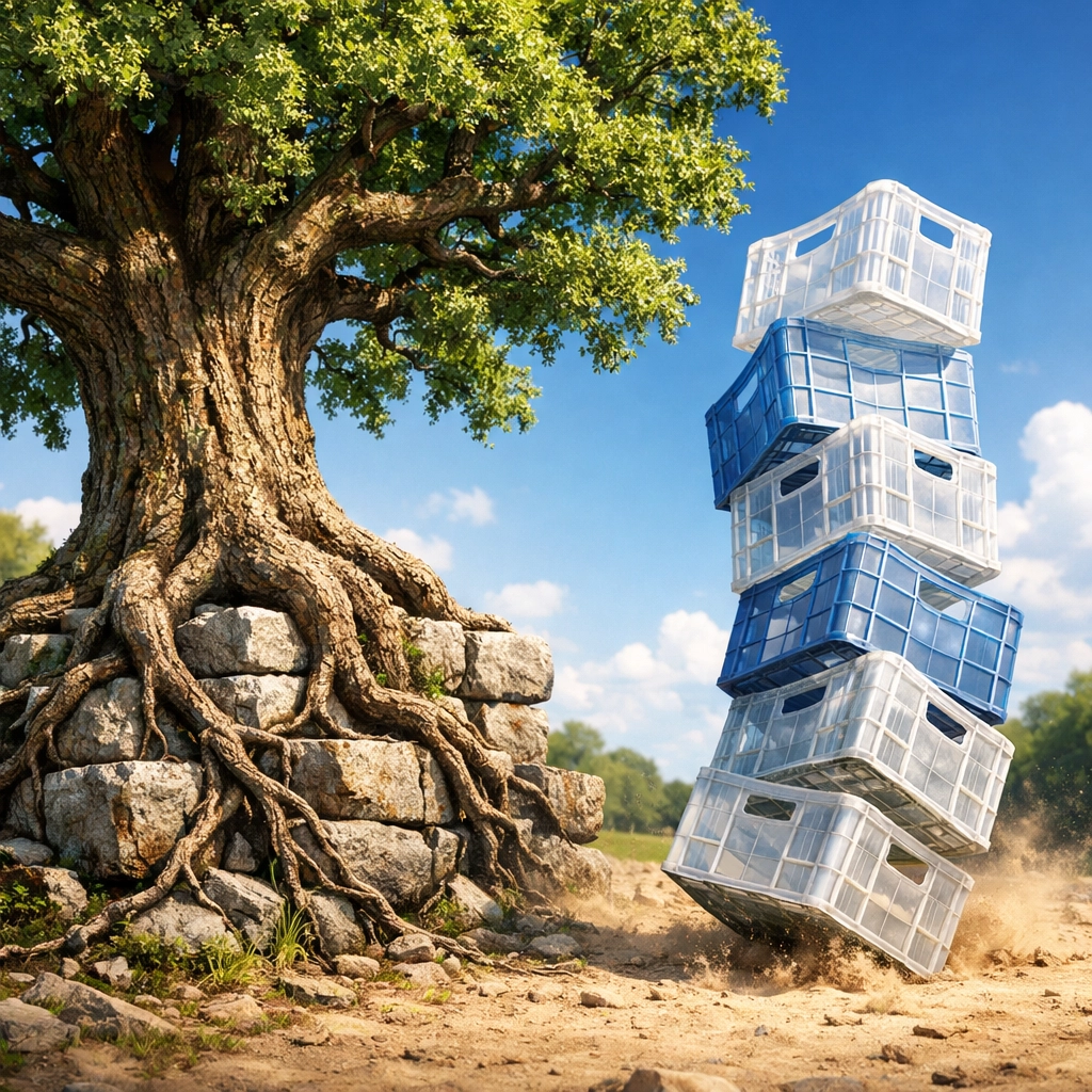 A rooted oak tree next to unstable crates, symbolizing earned versus bought business reputation.