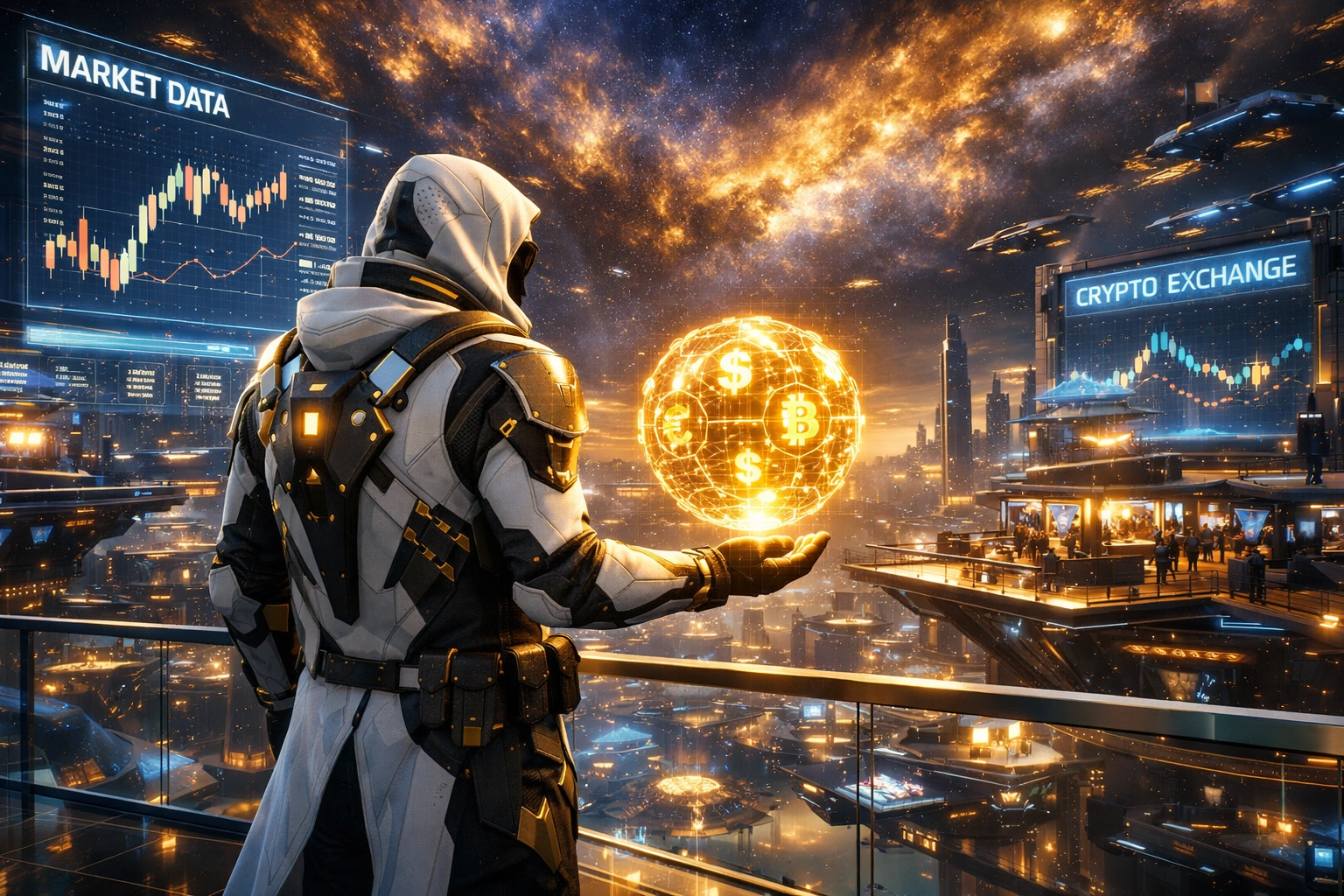 Digital merchant managing a unified Web3 payment hub in a futuristic metaverse city environment.