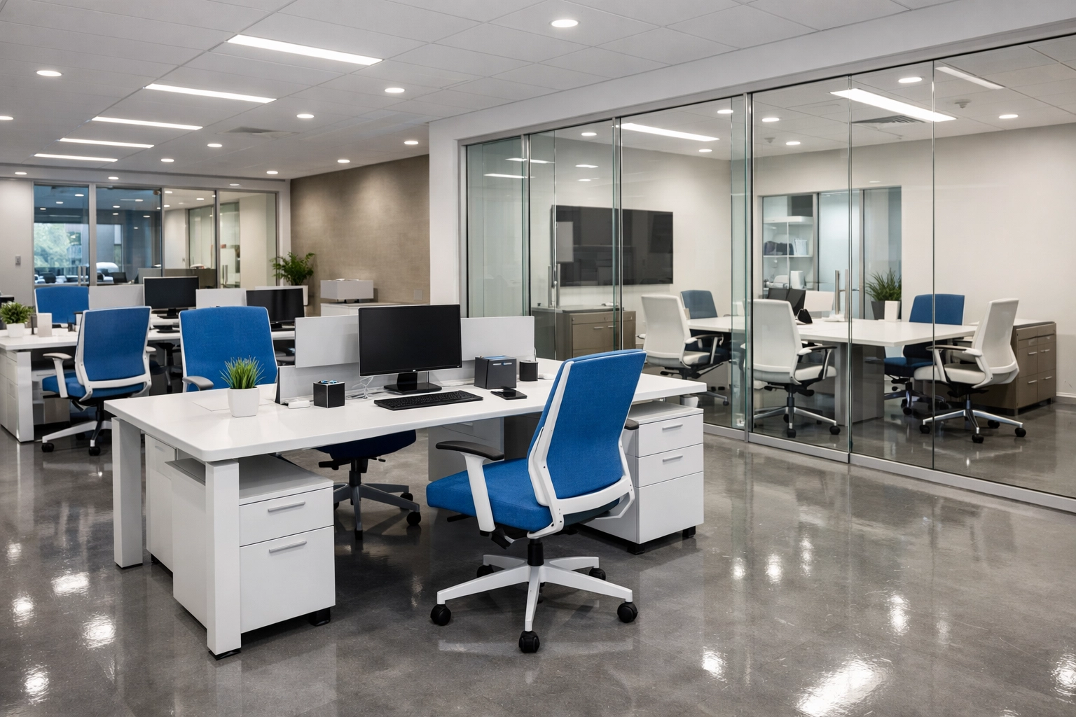 A modern, dust-free office in South Dennis following a professional commercial cleaning service.