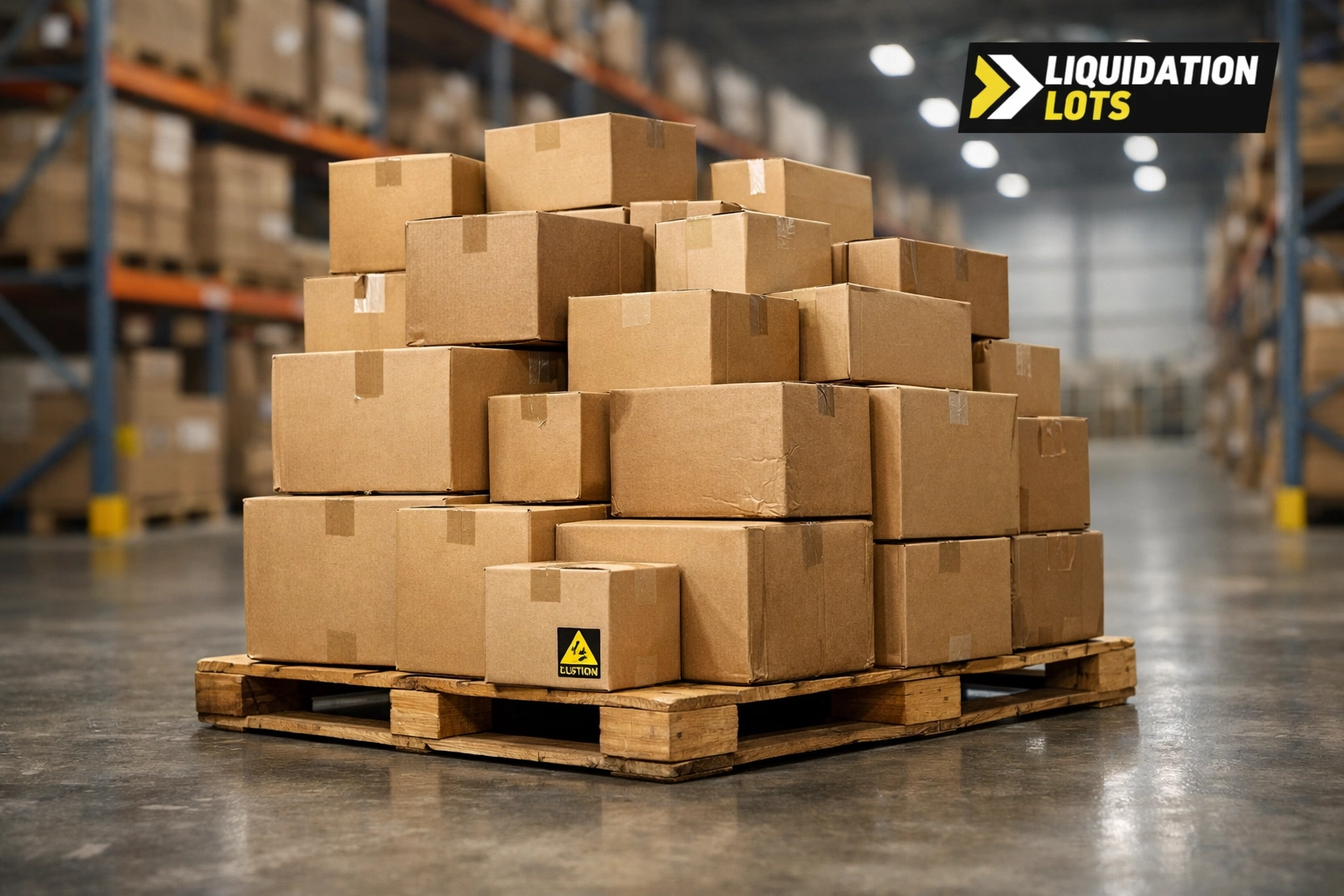 Bulk wholesale liquidation pallet with cardboard boxes in a warehouse for Amazon FBA inventory.
