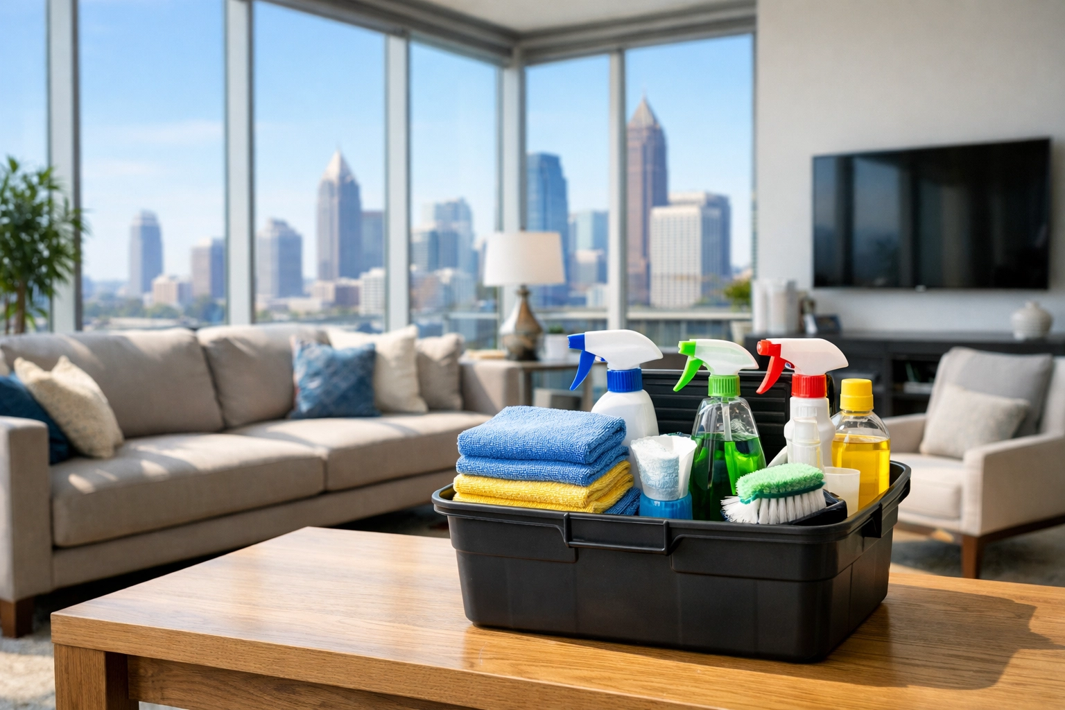 Professional cleaning caddy in a Midtown Atlanta condo for recurring house cleaning services.